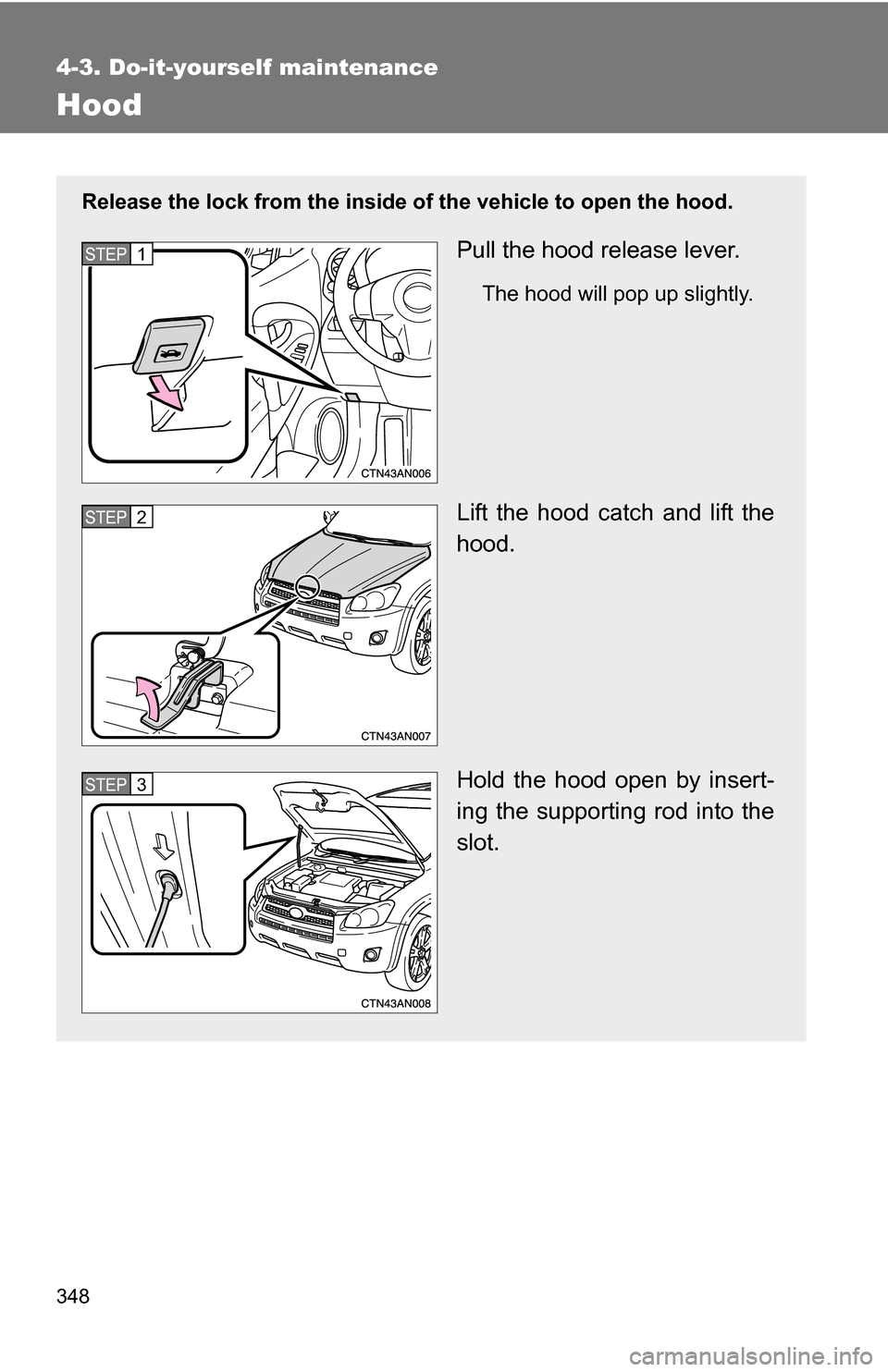 TOYOTA RAV4 2009 XA30 / 3.G Owners Manual 348
4-3. Do-it-yourself maintenance
Hood
Release the lock from the inside of the vehicle to open the hood.
Pull the hood release lever.
The hood will pop up slightly.
Lift the hood catch and lift the
