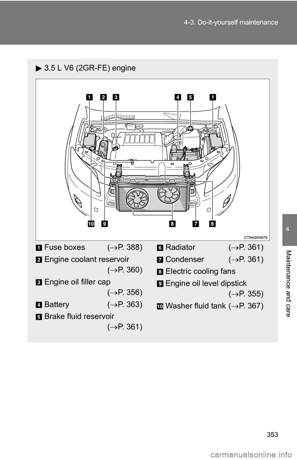 TOYOTA RAV4 2009 XA30 / 3.G Owners Manual 353
4-3. Do-it-yourself maintenance
4
Maintenance and care
3.5 L V6 (2GR-FE) engine
Fuse boxes (
P. 388)
Engine coolant reservoir ( P. 360)
Engine oil filler cap ( P. 356)
Battery ( P. 363