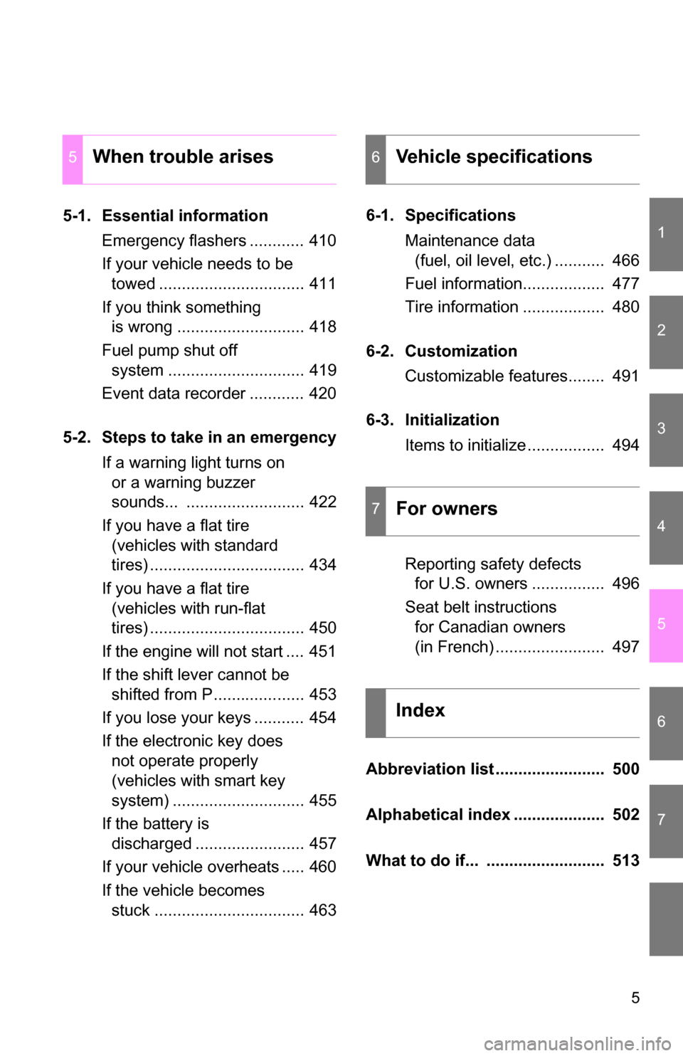TOYOTA RAV4 2009 XA30 / 3.G Owners Manual 1
2
3
4
5
6
7
5
5-1. Essential informationEmergency flashers ............ 410
If your vehicle needs to be towed ................................ 411
If you think something is wrong .................. TOYOTA RAV4 2009 XA30 / 3.G Owners Manual 1
2
3
4
5
6
7
5
5-1. Essential informationEmergency flashers ............ 410
If your vehicle needs to be towed ................................ 411
If you think something is wrong ..................