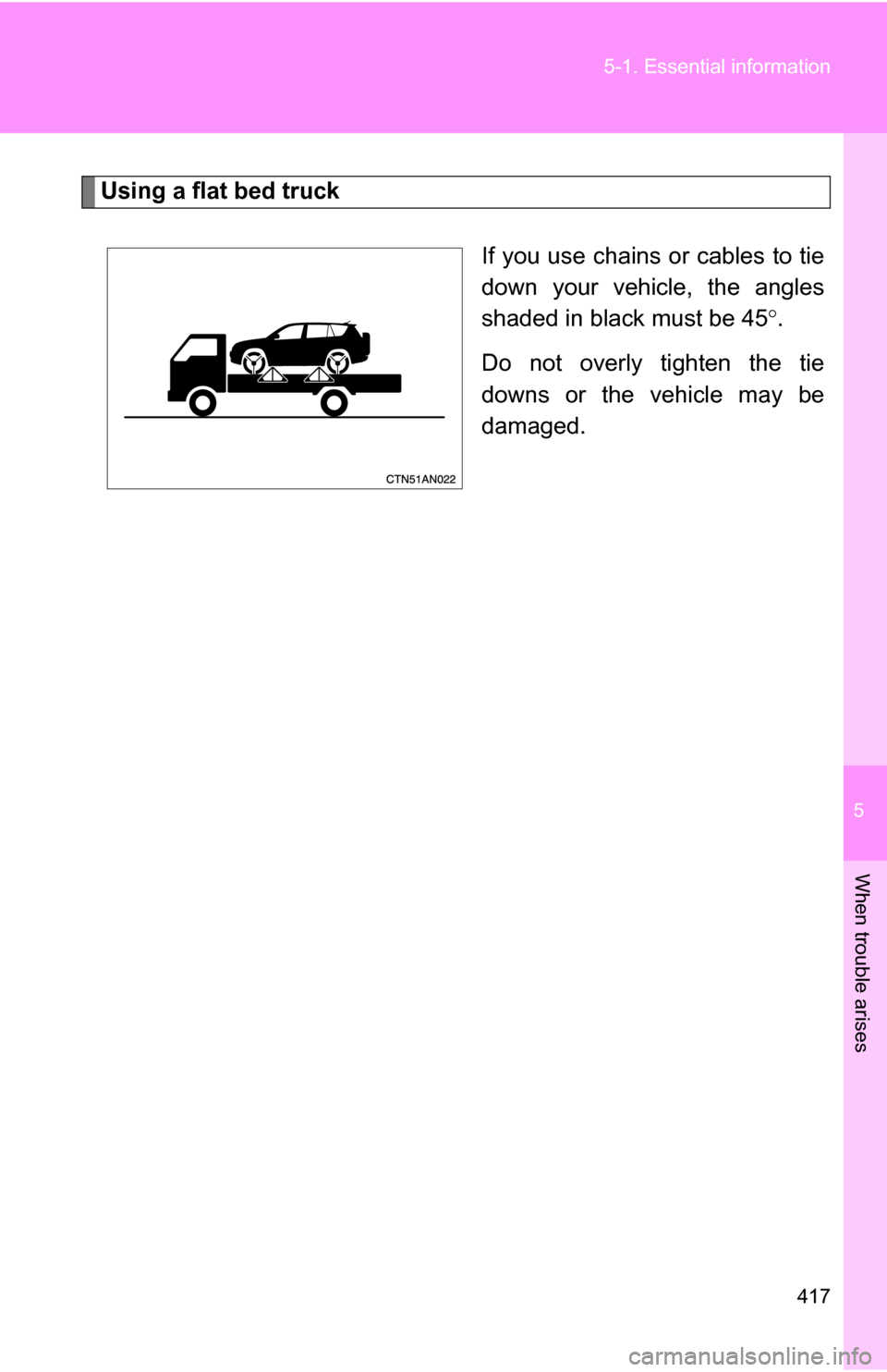 TOYOTA RAV4 2009 XA30 / 3.G Owners Manual 5
When trouble arises
417
5-1. Essential information
Using a flat bed truck
If you use chains or cables to tie
down your vehicle, the angles
shaded in black must be 45.
Do not overly tighten the ti