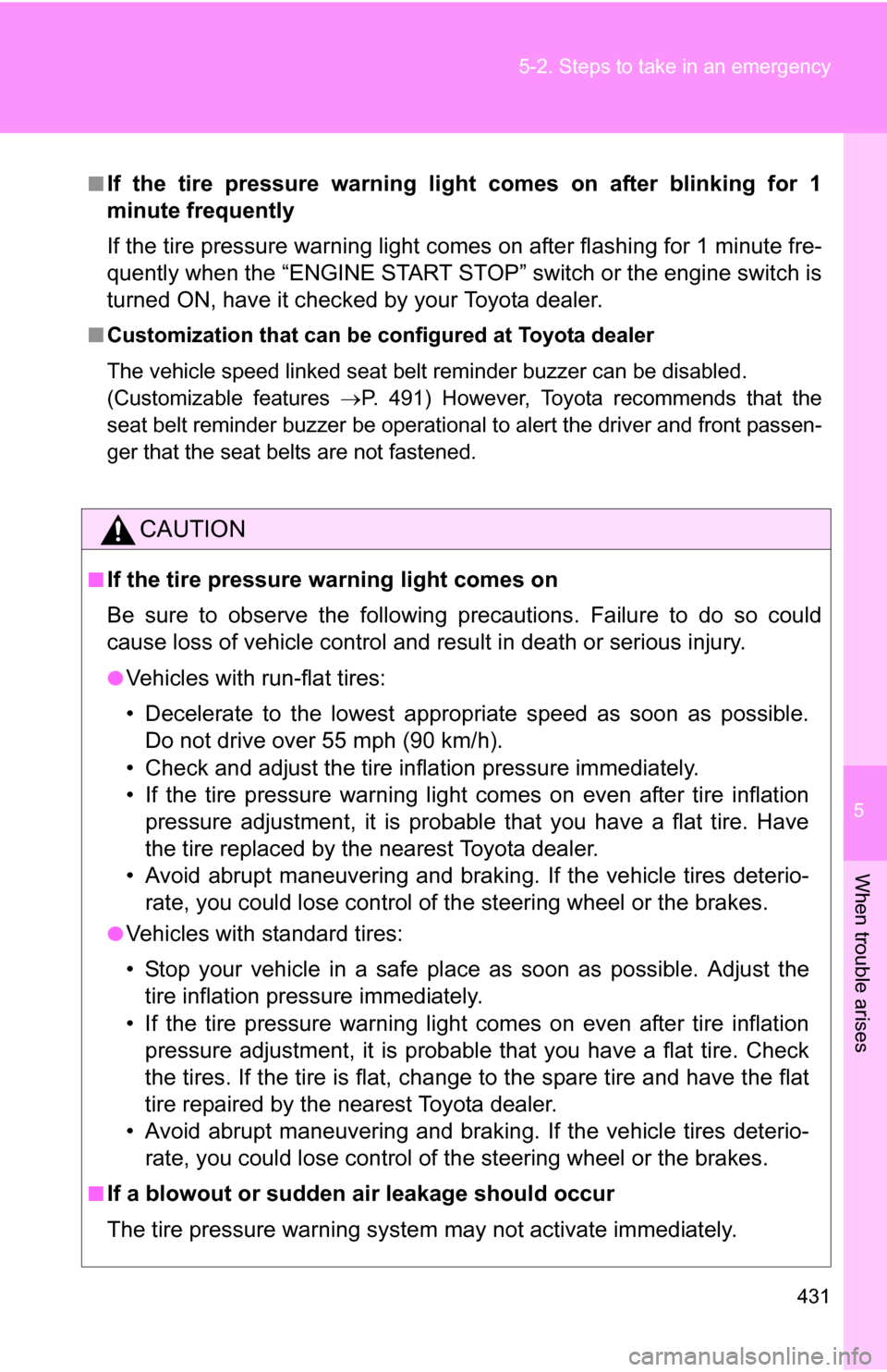 TOYOTA RAV4 2009 XA30 / 3.G Owners Manual 5
When trouble arises
431
5-2. Steps to take in an emergency
■If the tire pressure warning light comes on after blinking for 1
minute frequently
If the tire pressure warning light comes on after fla