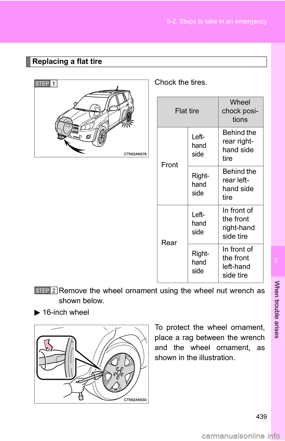 TOYOTA RAV4 2009 XA30 / 3.G Owners Manual 5
When trouble arises
439
5-2. Steps to take in an emergency
Replacing a flat tire
Chock the tires.
Remove the wheel ornament using the wheel nut wrench as
shown below.
16-inch wheel
To protect the wh