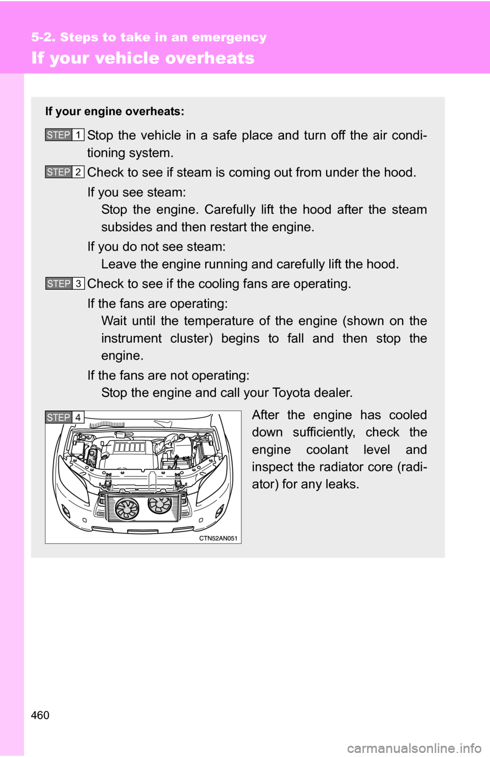 TOYOTA RAV4 2009 XA30 / 3.G Owners Manual 460
5-2. Steps to take in an emergency
If your vehicle overheats
If your engine overheats:
Stop the vehicle in a safe place and turn off the air condi-
tioning system.
Check to see if steam is coming 