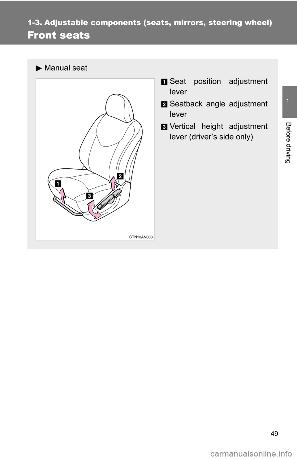 TOYOTA RAV4 2009 XA30 / 3.G Service Manual 49
1
Before driving
1-3. Adjustable components (seats, mirrors, steering wheel)
Front seats
Manual seat
Seat position adjustment
lever
Seatback angle adjustment
lever
Vertical height adjustment
lever TOYOTA RAV4 2009 XA30 / 3.G Service Manual 49
1
Before driving
1-3. Adjustable components (seats, mirrors, steering wheel)
Front seats
Manual seat
Seat position adjustment
lever
Seatback angle adjustment
lever
Vertical height adjustment
lever