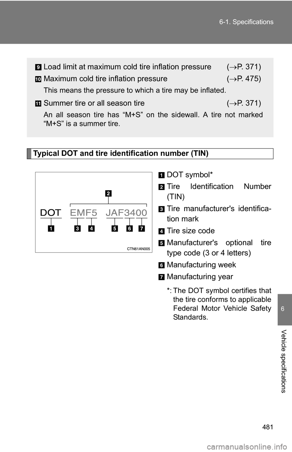 TOYOTA RAV4 2009 XA30 / 3.G Owners Manual 481
6-1. Specifications
6
Vehicle specifications
Typical DOT and tire identification number (TIN)
DOT symbol*
Tire Identification Number
(TIN)
Tire manufacturers identifica-
tion mark
Tire size code
