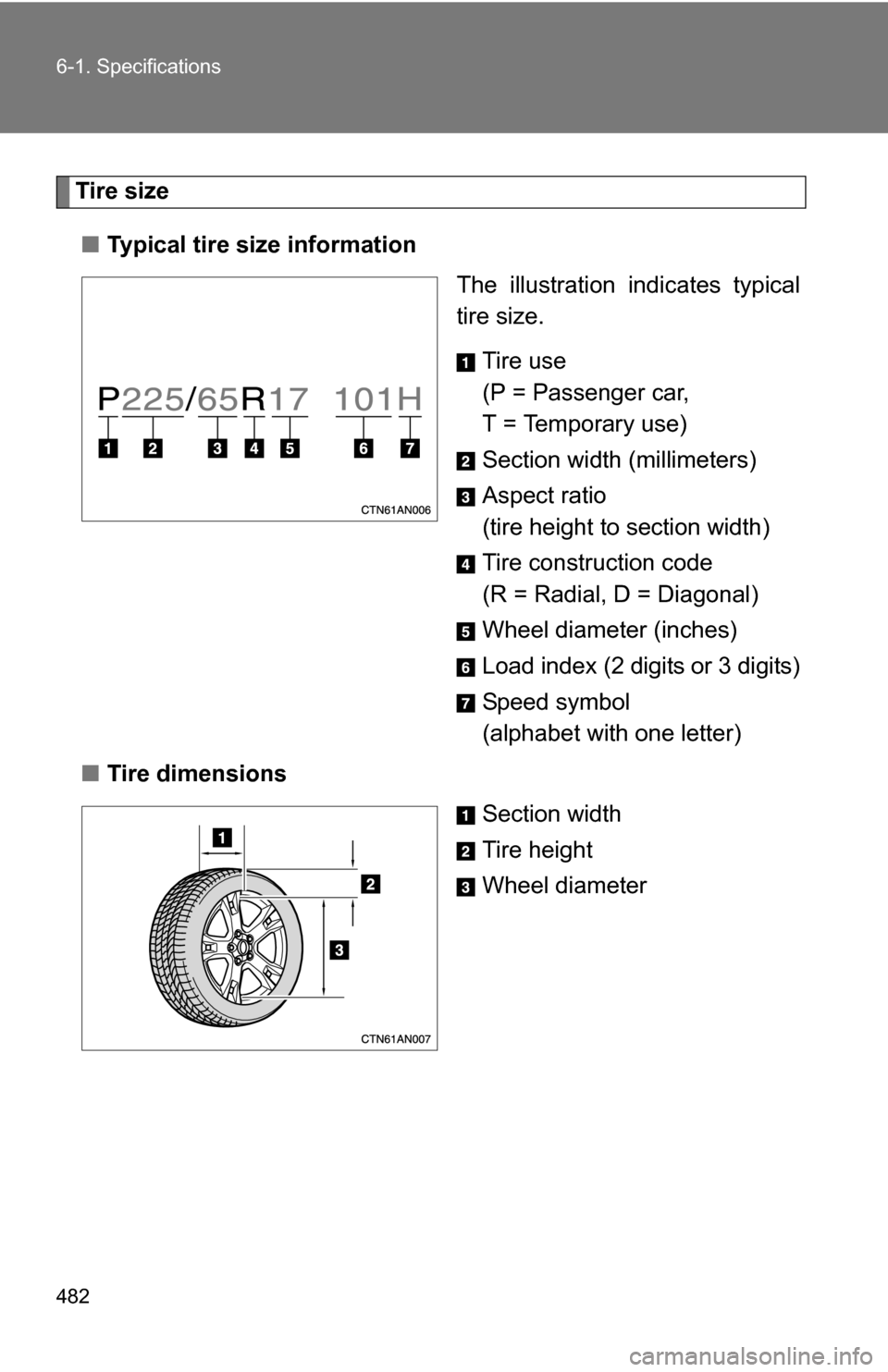 TOYOTA RAV4 2009 XA30 / 3.G Owners Manual 482 6-1. Specifications
Tire size■ Typical tire size information
The illustration indicates typical
tire size.
Tire use
(P = Passenger car,
T = Temporary use)
Section width (millimeters)
Aspect rat TOYOTA RAV4 2009 XA30 / 3.G Owners Manual 482 6-1. Specifications
Tire size■ Typical tire size information
The illustration indicates typical
tire size.
Tire use
(P = Passenger car,
T = Temporary use)
Section width (millimeters)
Aspect rat