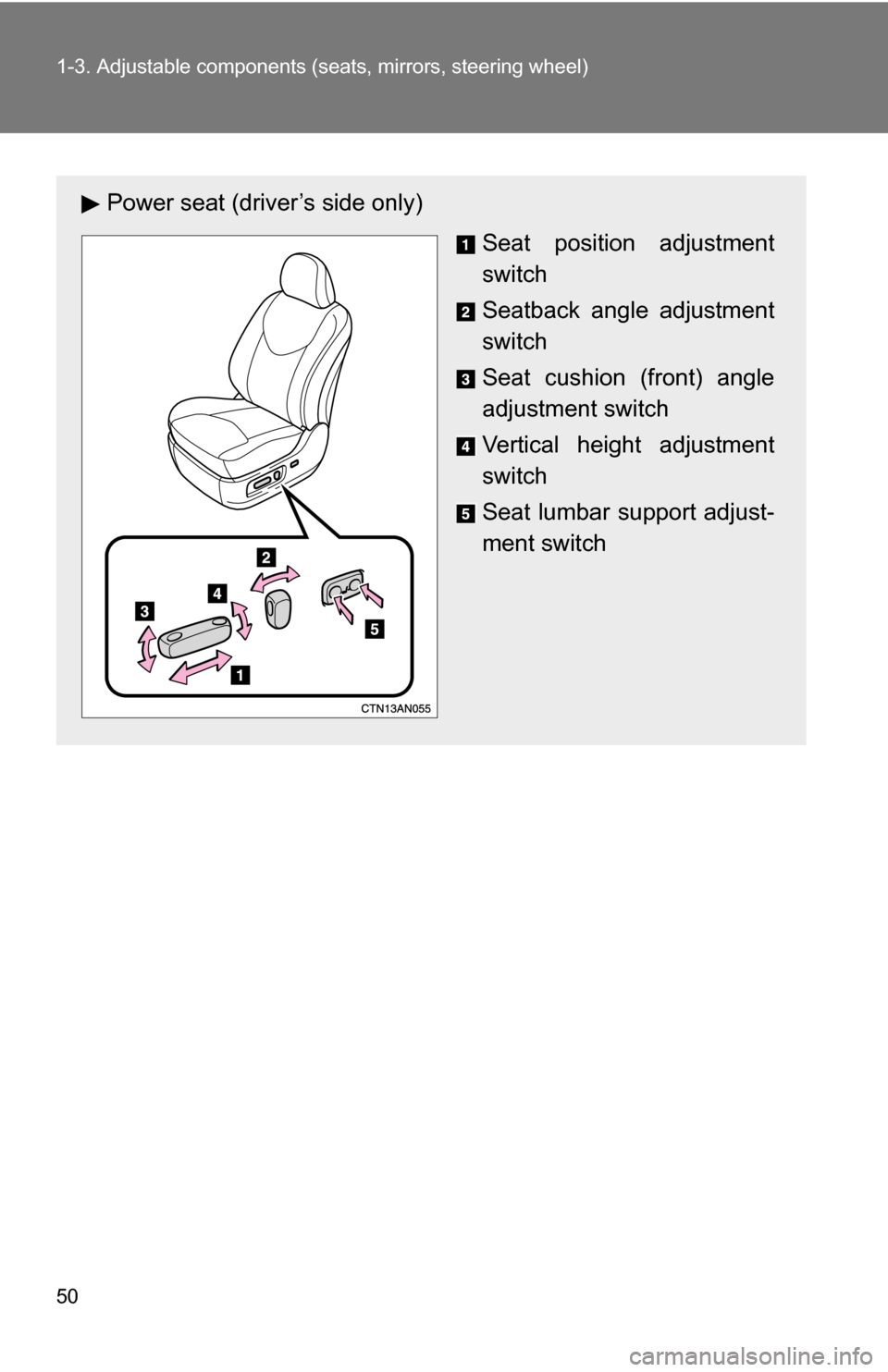 TOYOTA RAV4 2009 XA30 / 3.G Service Manual 50 1-3. Adjustable components (seats, mirrors, steering wheel)
Power seat (driver’s side only)
Seat position adjustment
switch
Seatback angle adjustment
switch
Seat cushion (front) angle
adjustment TOYOTA RAV4 2009 XA30 / 3.G Service Manual 50 1-3. Adjustable components (seats, mirrors, steering wheel)
Power seat (driver’s side only)
Seat position adjustment
switch
Seatback angle adjustment
switch
Seat cushion (front) angle
adjustment