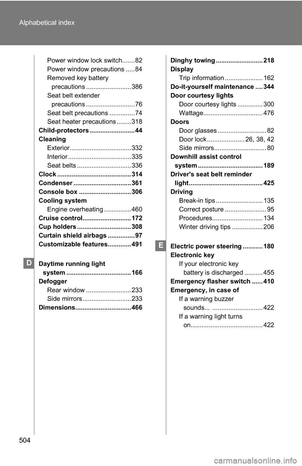TOYOTA RAV4 2009 XA30 / 3.G Owners Manual 504 Alphabetical index
Power window lock switch.......82
Power window precautions .....84
Removed key battery precautions ......................... 386
Seat belt extender
precautions ................ TOYOTA RAV4 2009 XA30 / 3.G Owners Manual 504 Alphabetical index
Power window lock switch.......82
Power window precautions .....84
Removed key battery precautions ......................... 386
Seat belt extender
precautions ................