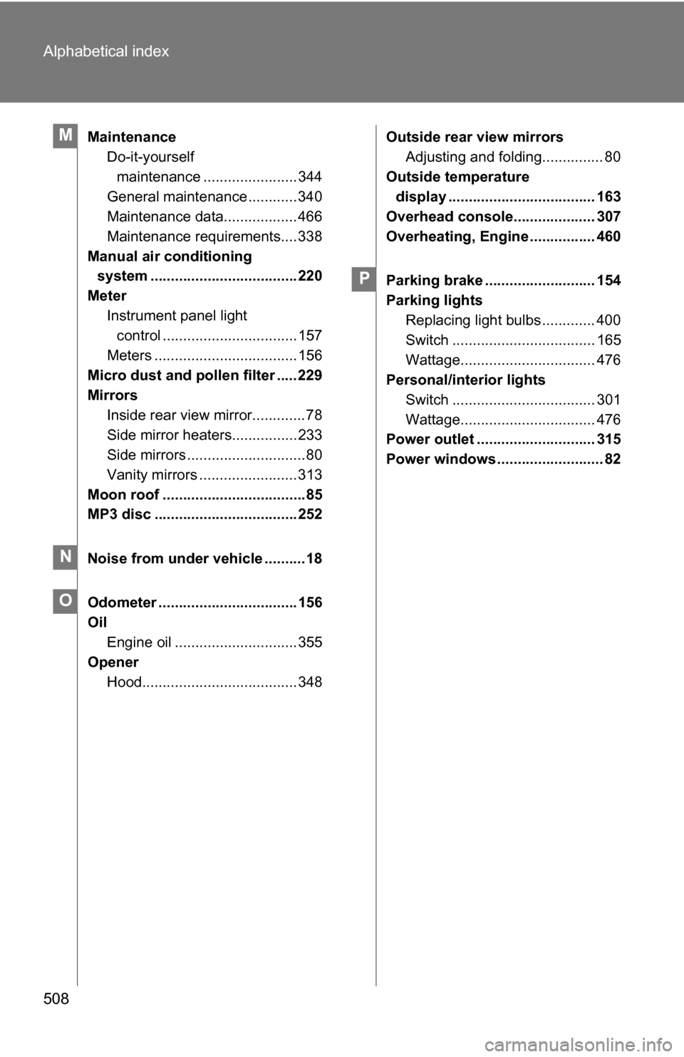 TOYOTA RAV4 2009 XA30 / 3.G Owners Manual 508 Alphabetical index
MaintenanceDo-it-yourself
maintenance ....................... 344
General maintenance ............ 340
Maintenance data.................. 466
Maintenance requirements.... 338
M TOYOTA RAV4 2009 XA30 / 3.G Owners Manual 508 Alphabetical index
MaintenanceDo-it-yourself
maintenance ....................... 344
General maintenance ............ 340
Maintenance data.................. 466
Maintenance requirements.... 338
M