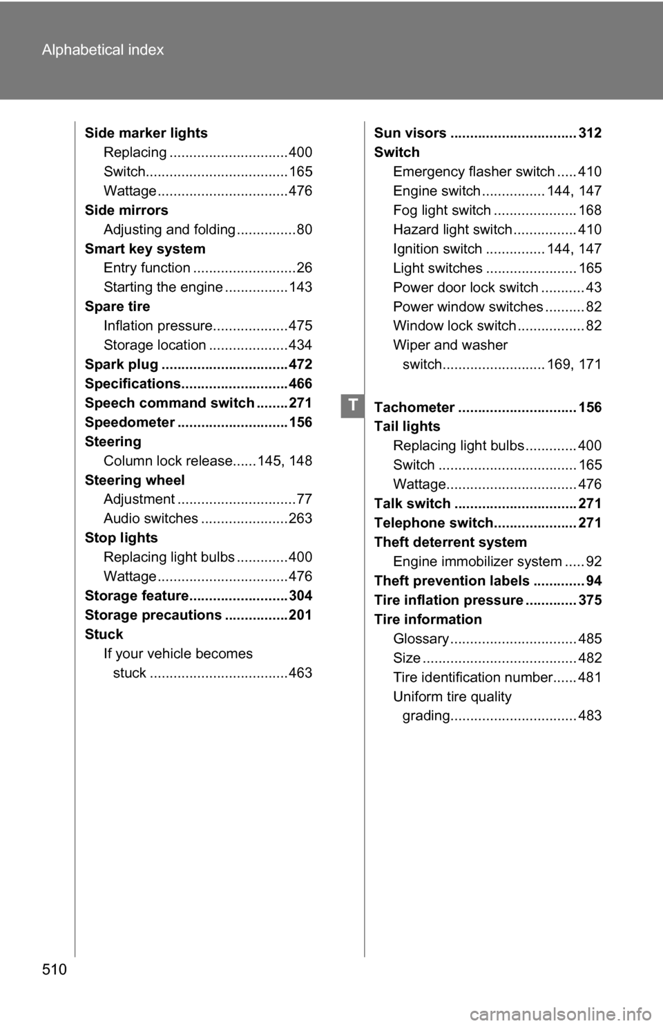 TOYOTA RAV4 2009 XA30 / 3.G Owners Manual 510 Alphabetical index
Side marker lightsReplacing .............................. 400
Switch.................................... 165
Wattage ................................. 476
Side mirrors
Adjustin TOYOTA RAV4 2009 XA30 / 3.G Owners Manual 510 Alphabetical index
Side marker lightsReplacing .............................. 400
Switch.................................... 165
Wattage ................................. 476
Side mirrors
Adjustin