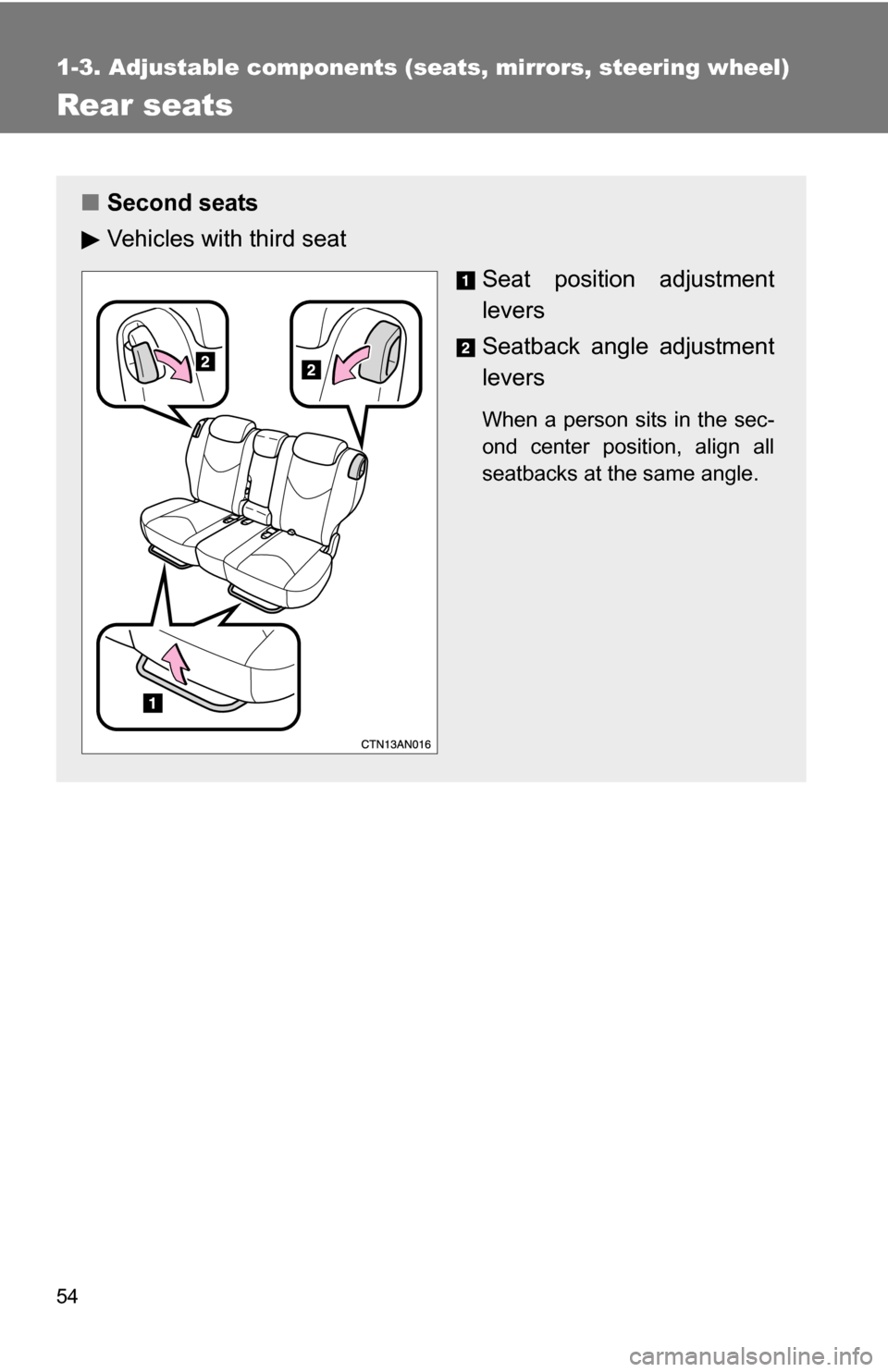 TOYOTA RAV4 2009 XA30 / 3.G Owners Manual 54
1-3. Adjustable components (seats, mirrors, steering wheel)
Rear seats
■Second seats
Vehicles with third seat
Seat position adjustment
levers
Seatback angle adjustment
levers
When a person sits i