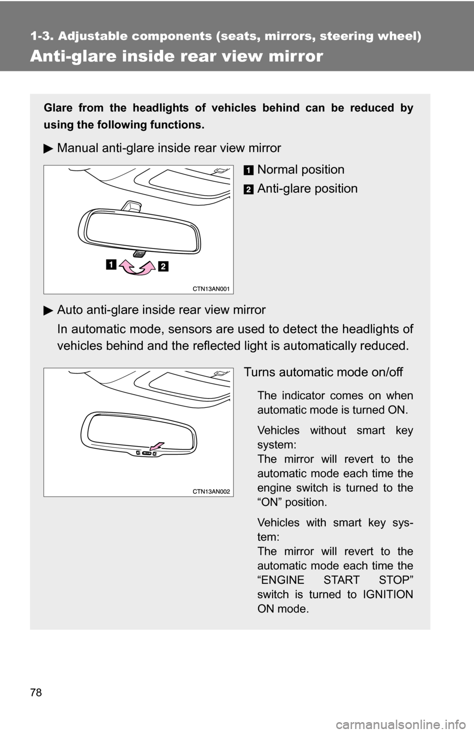 TOYOTA RAV4 2009 XA30 / 3.G Owners Manual 78
1-3. Adjustable components (seats, mirrors, steering wheel)
Anti-glare inside rear view mirror
Glare from the headlights of vehicles behind can be reduced by
using the following functions.
Manual a TOYOTA RAV4 2009 XA30 / 3.G Owners Manual 78
1-3. Adjustable components (seats, mirrors, steering wheel)
Anti-glare inside rear view mirror
Glare from the headlights of vehicles behind can be reduced by
using the following functions.
Manual a