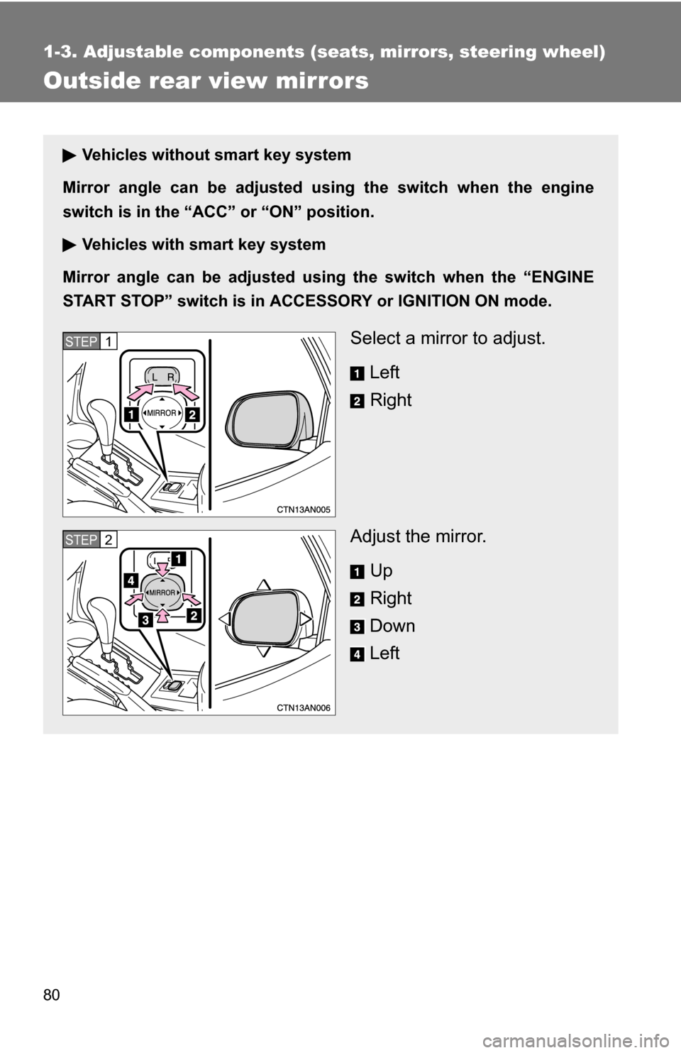 TOYOTA RAV4 2009 XA30 / 3.G Manual PDF 80
1-3. Adjustable components (seats, mirrors, steering wheel)
Outside rear view mirrors
Vehicles without smart key system
Mirror angle can be ad justed using the switch when the engine
switch is in t TOYOTA RAV4 2009 XA30 / 3.G Manual PDF 80
1-3. Adjustable components (seats, mirrors, steering wheel)
Outside rear view mirrors
Vehicles without smart key system
Mirror angle can be ad justed using the switch when the engine
switch is in t