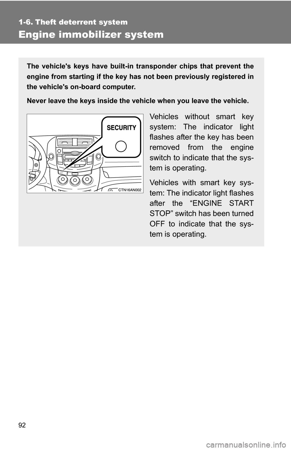 TOYOTA RAV4 2009 XA30 / 3.G Owners Manual 92
1-6. Theft deterrent system
Engine immobilizer system
The vehicles keys have built-in transponder chips that prevent the
engine from starting if the key has not been previously registered in
the TOYOTA RAV4 2009 XA30 / 3.G Owners Manual 92
1-6. Theft deterrent system
Engine immobilizer system
The vehicles keys have built-in transponder chips that prevent the
engine from starting if the key has not been previously registered in
the