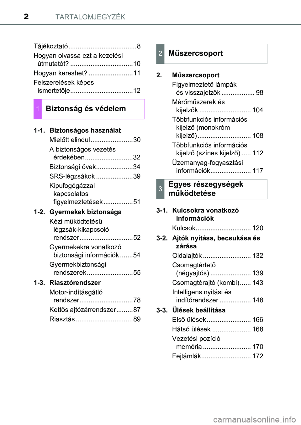 TOYOTA AVENSIS 2018 Kezelési útmutató (in Hungarian) TARTALOMJEGYZÉK2
Tájékoztató .....................................8
Hogyan olvassa ezt a kezelési útmutatót? ..................................10
Hogyan kereshet? ........................11
Fel TOYOTA AVENSIS 2018 Kezelési útmutató (in Hungarian) TARTALOMJEGYZÉK2
Tájékoztató .....................................8
Hogyan olvassa ezt a kezelési útmutatót? ..................................10
Hogyan kereshet? ........................11
Fel