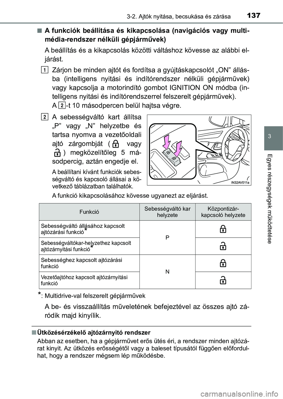 TOYOTA AVENSIS 2018 Kezelési útmutató (in Hungarian) 1373-2. Ajtók nyitása, becsukása és zárása
3
Egyes részegysége k működtetése
nA funkciók beállítása és kikapcsolása (navigációs vagy multi-
média-rendszer nélküli gépjár TOYOTA AVENSIS 2018 Kezelési útmutató (in Hungarian) 1373-2. Ajtók nyitása, becsukása és zárása
3
Egyes részegysége k működtetése
nA funkciók beállítása és kikapcsolása (navigációs vagy multi-
média-rendszer nélküli gépjár