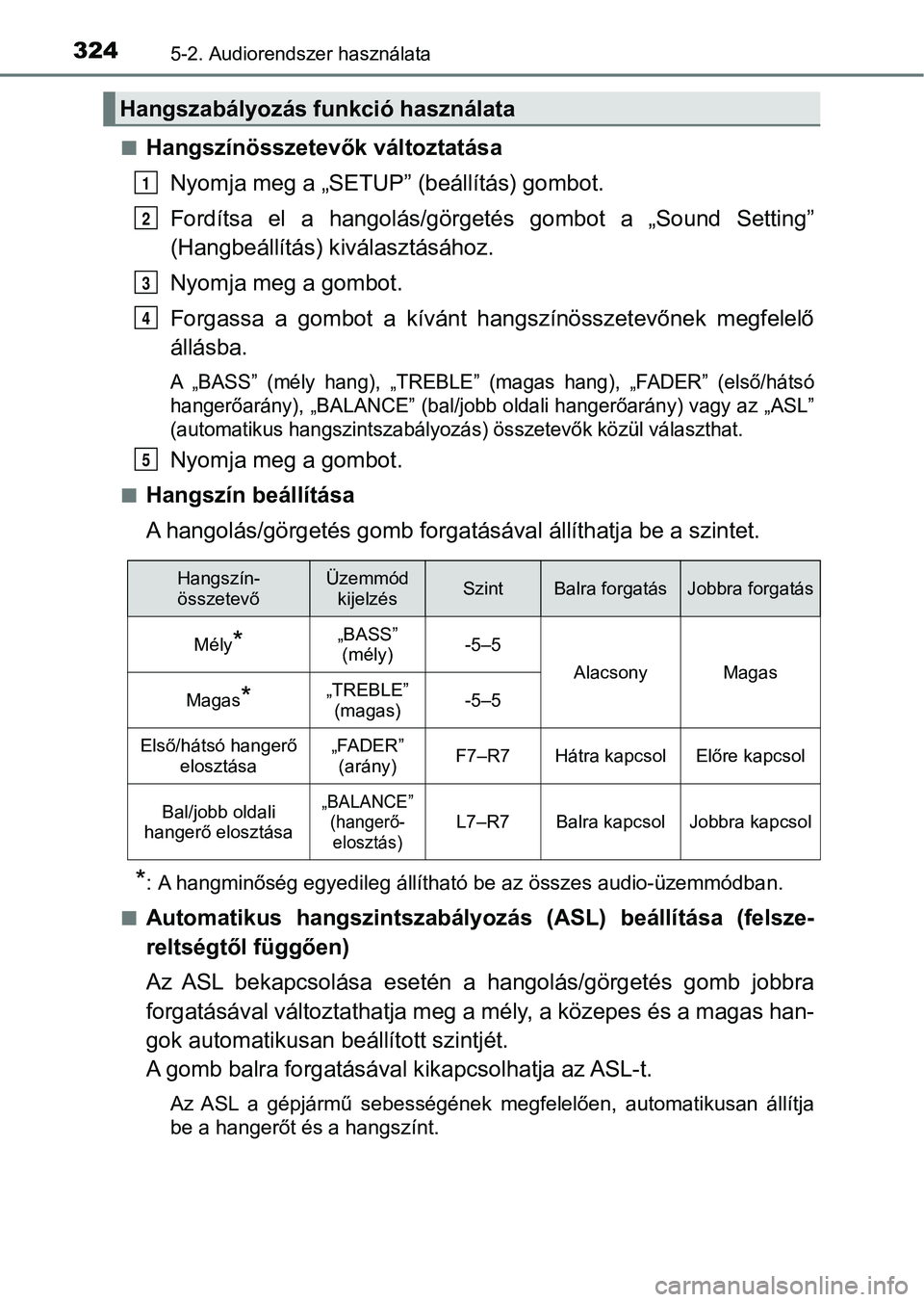TOYOTA AVENSIS 2018  Kezelési útmutató (in Hungarian) 3245-2. Audiorendszer használata
nHangszínösszetevők változtatásaNyomja meg a „SETUP” (beállítás) gombot.
Fordítsa  el  a  hangolás/görgetés  gombot  a  „Sound  Setting”
(Hangbeá