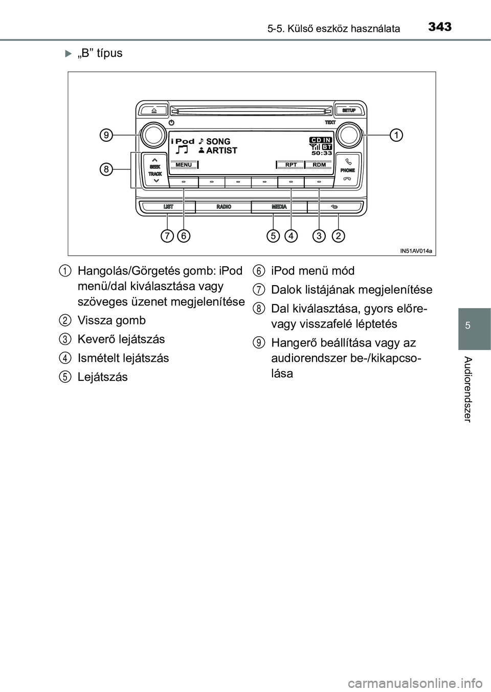 TOYOTA AVENSIS 2018  Kezelési útmutató (in Hungarian) 3435-5. Külső eszköz használata
5
Audiorendszer
„B” típus
Hangolás/Görgetés gomb: iPod 
menü/dal kiválasztása vagy 
szöveges üzenet megjelenítése
Vissza gomb
Keverő lejátszás
