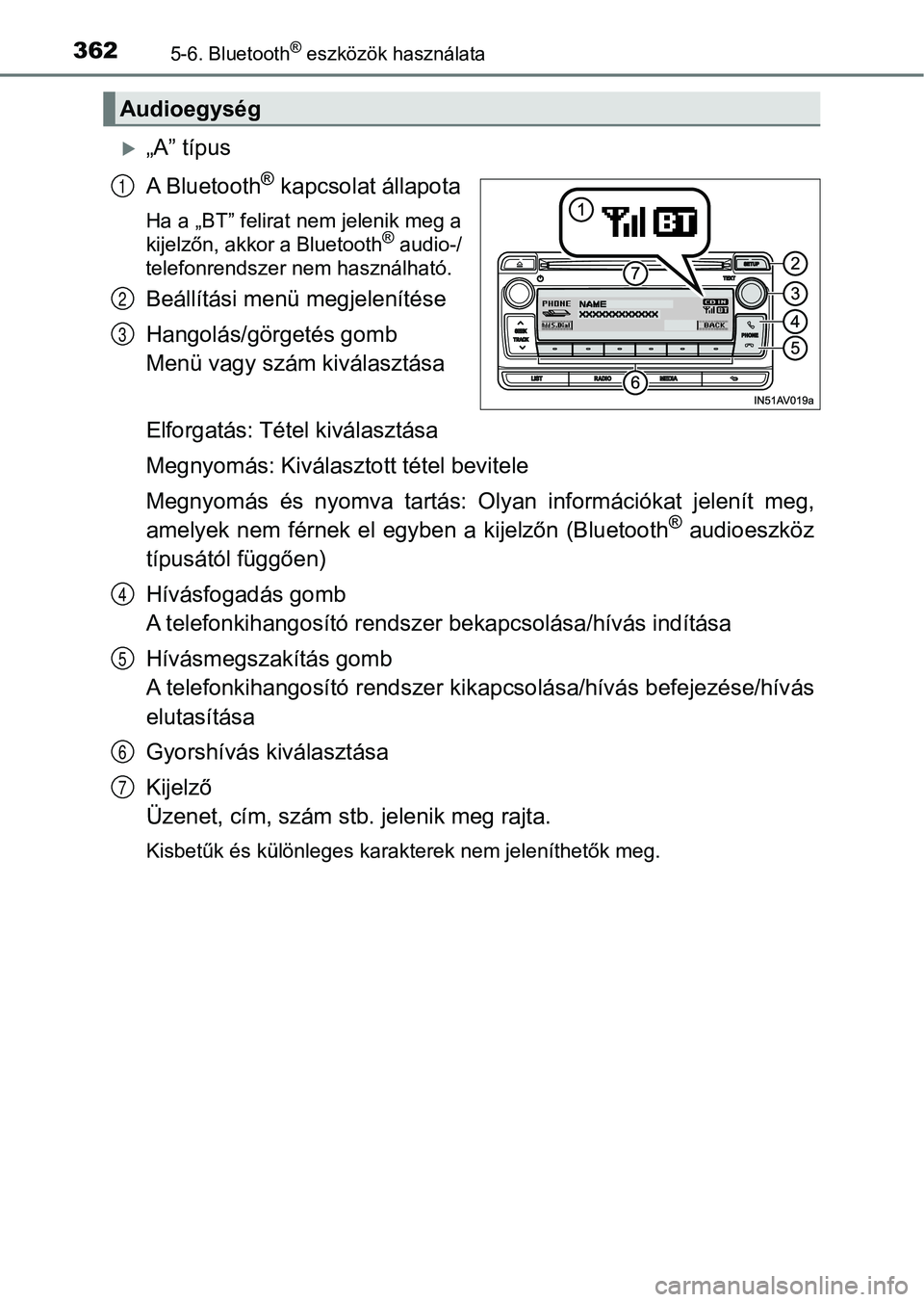 TOYOTA AVENSIS 2018 Kezelési útmutató (in Hungarian) 3625-6. Bluetooth® eszközök használata
„A” típus
A Bluetooth
® kapcsolat állapota
Ha a „BT” felirat nem jelenik meg a
kijelzőn, akkor a Bluetooth® audio-/
telefonrendszer nem haszn TOYOTA AVENSIS 2018 Kezelési útmutató (in Hungarian) 3625-6. Bluetooth® eszközök használata
„A” típus
A Bluetooth
® kapcsolat állapota
Ha a „BT” felirat nem jelenik meg a
kijelzőn, akkor a Bluetooth® audio-/
telefonrendszer nem haszn