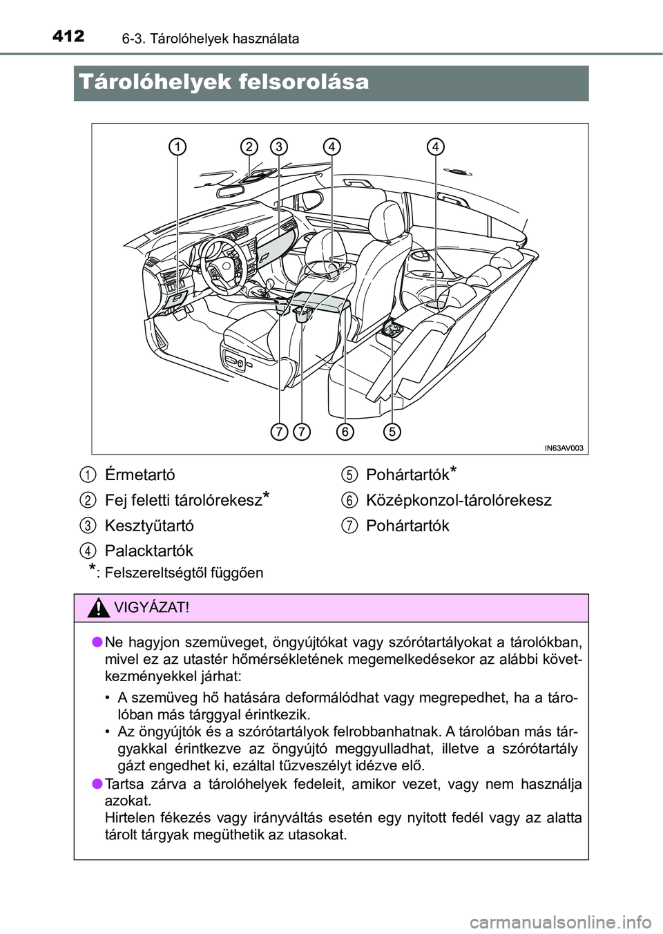 TOYOTA AVENSIS 2018  Kezelési útmutató (in Hungarian) 4126-3. Tárolóhelyek használata
Tárolóhelyek felsorolása
*: Felszereltségtől függően
Érmetartó
Fej feletti tárolórekesz
*
Kesztyűtartó
PalacktartókPohártartók
*
Középkonzol-tárol
