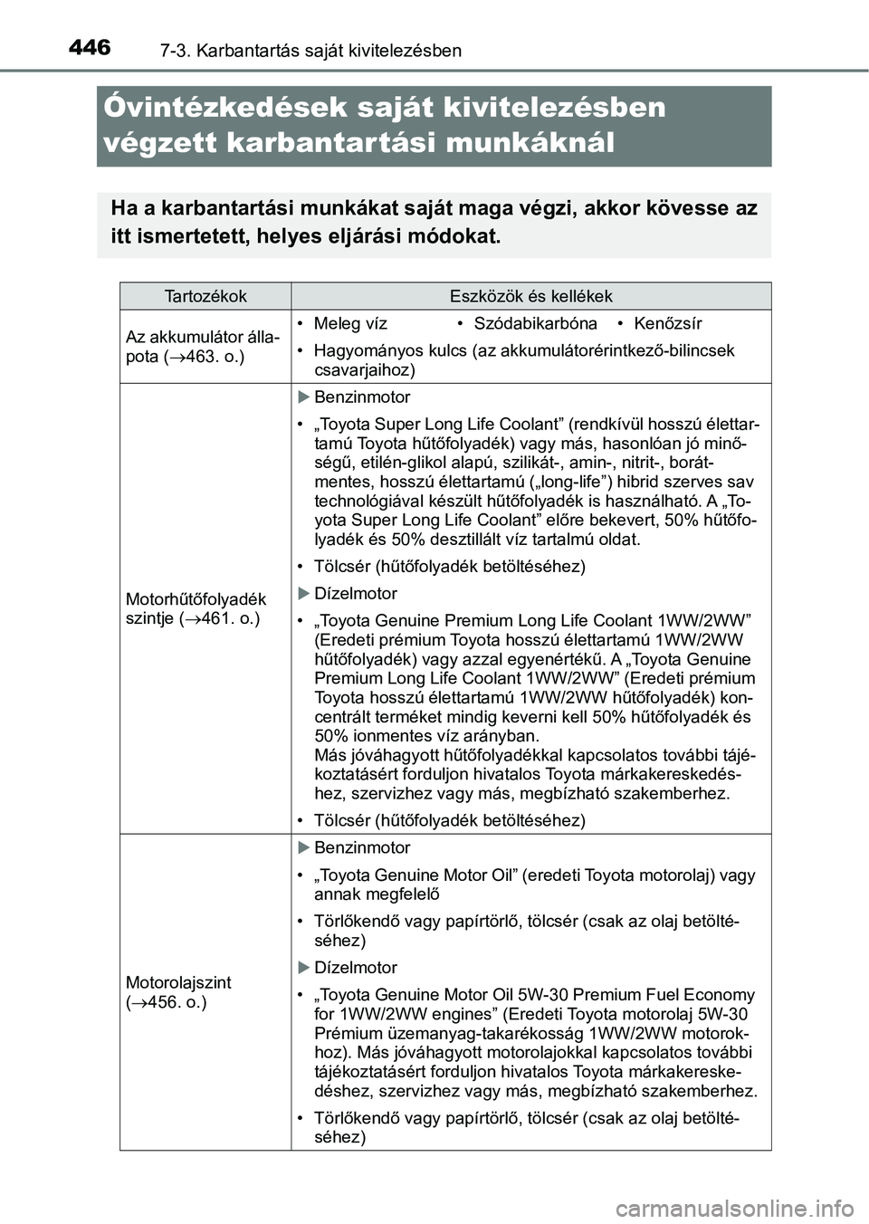 TOYOTA AVENSIS 2018 Kezelési útmutató (in Hungarian) 4467-3. Karbantartás saját kivitelezésben
Óvintézkedések saját kivitelezésben
végzett karbanta r tási munkáknál
Ha a karbantartási munkákat saját maga végzi, akkor kövesse az
itt ism TOYOTA AVENSIS 2018 Kezelési útmutató (in Hungarian) 4467-3. Karbantartás saját kivitelezésben
Óvintézkedések saját kivitelezésben
végzett karbanta r tási munkáknál
Ha a karbantartási munkákat saját maga végzi, akkor kövesse az
itt ism