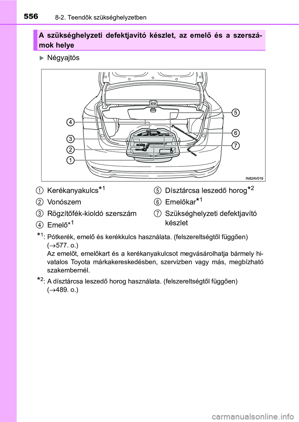 TOYOTA AVENSIS 2018  Kezelési útmutató (in Hungarian) 5568-2. Teendők szükséghelyzetben
Négyajtós
*1: Pótkerék, emelő és kerékkulcs használata. (felszereltségtől függően)
(  577. o.)
Az  emelőt,  emelőkart  és  a  kerékanyakulcso