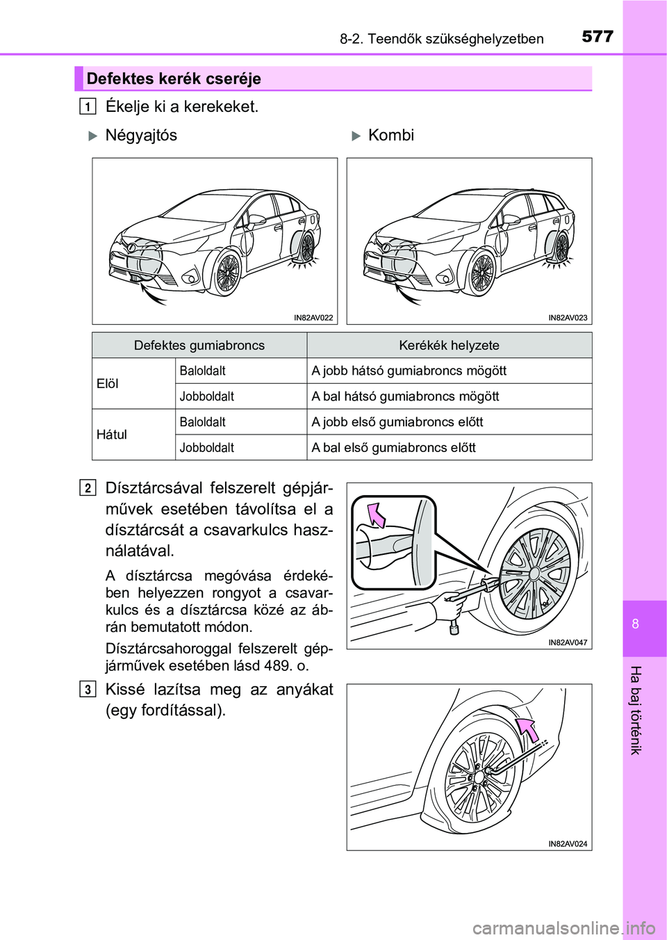 TOYOTA AVENSIS 2018  Kezelési útmutató (in Hungarian) 5778-2. Teendők szükséghelyzetben
8
Ha baj történik
Ékelje ki a kerekeket.
Dísztárcsával  felszerelt  gépjár-
művek  esetében  távolítsa  el  a
dísztárcsát a csavarkulcs hasz-
nálat