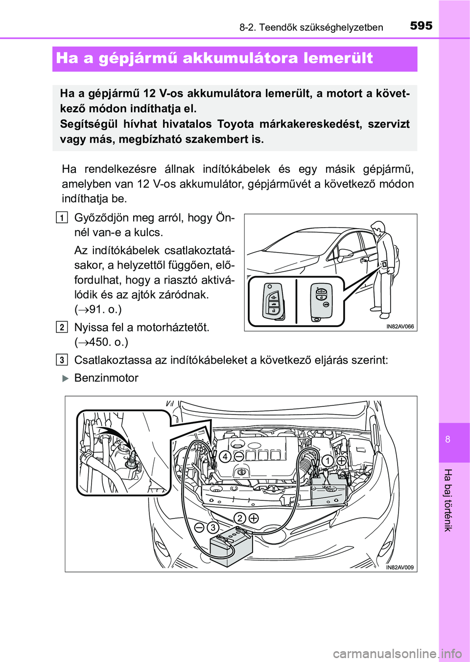TOYOTA AVENSIS 2018  Kezelési útmutató (in Hungarian) 5958-2. Teendők szükséghelyzetben
8
Ha baj történik
Ha a gépjármű akkumulátora lemerült
Ha  rendelkezésre  állnak  indítók ábelek  és  egy  másik  gépjármű,
amelyben van 12 V-os ak