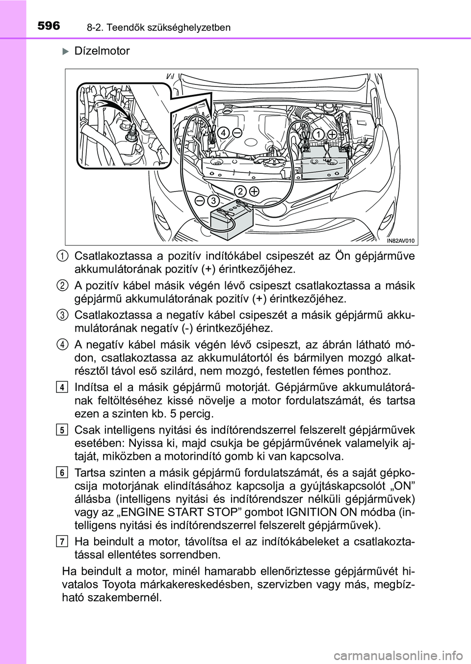 TOYOTA AVENSIS 2018  Kezelési útmutató (in Hungarian) 5968-2. Teendők szükséghelyzetben
Dízelmotor
Csatlakoztassa  a  pozitív  indítókábel  csipeszét  az  Ön  gépjárműve
akkumulátorának pozitív (+) érintkezőjéhez.
A  pozitív  kábe