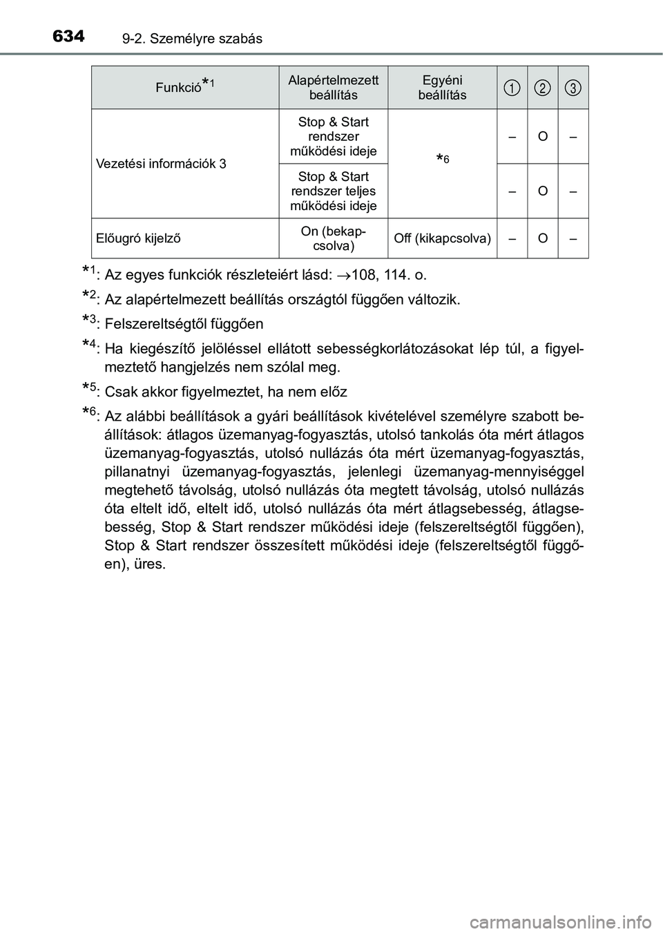 TOYOTA AVENSIS 2018  Kezelési útmutató (in Hungarian) 6349-2. Személyre szabás
*1: Az egyes funkciók részleteiért lásd: 108, 114. o.
*2: Az alapértelmezett beállítás országtól függően változik.
*3: Felszereltségtől függően
*4: Ha  k