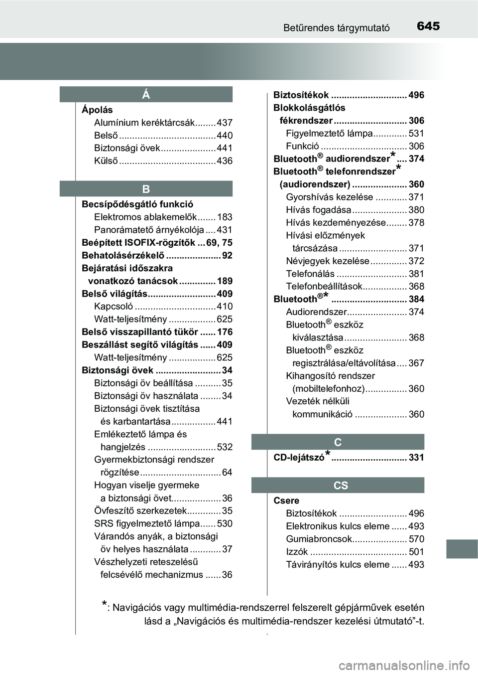 TOYOTA AVENSIS 2018  Kezelési útmutató (in Hungarian) 645Betűrendes tárgymutató
ÁpolásAlumínium keréktárcsák........ 437
Belső ..................................... 440
Biztonsági övek ..................... 441
Külső .......................