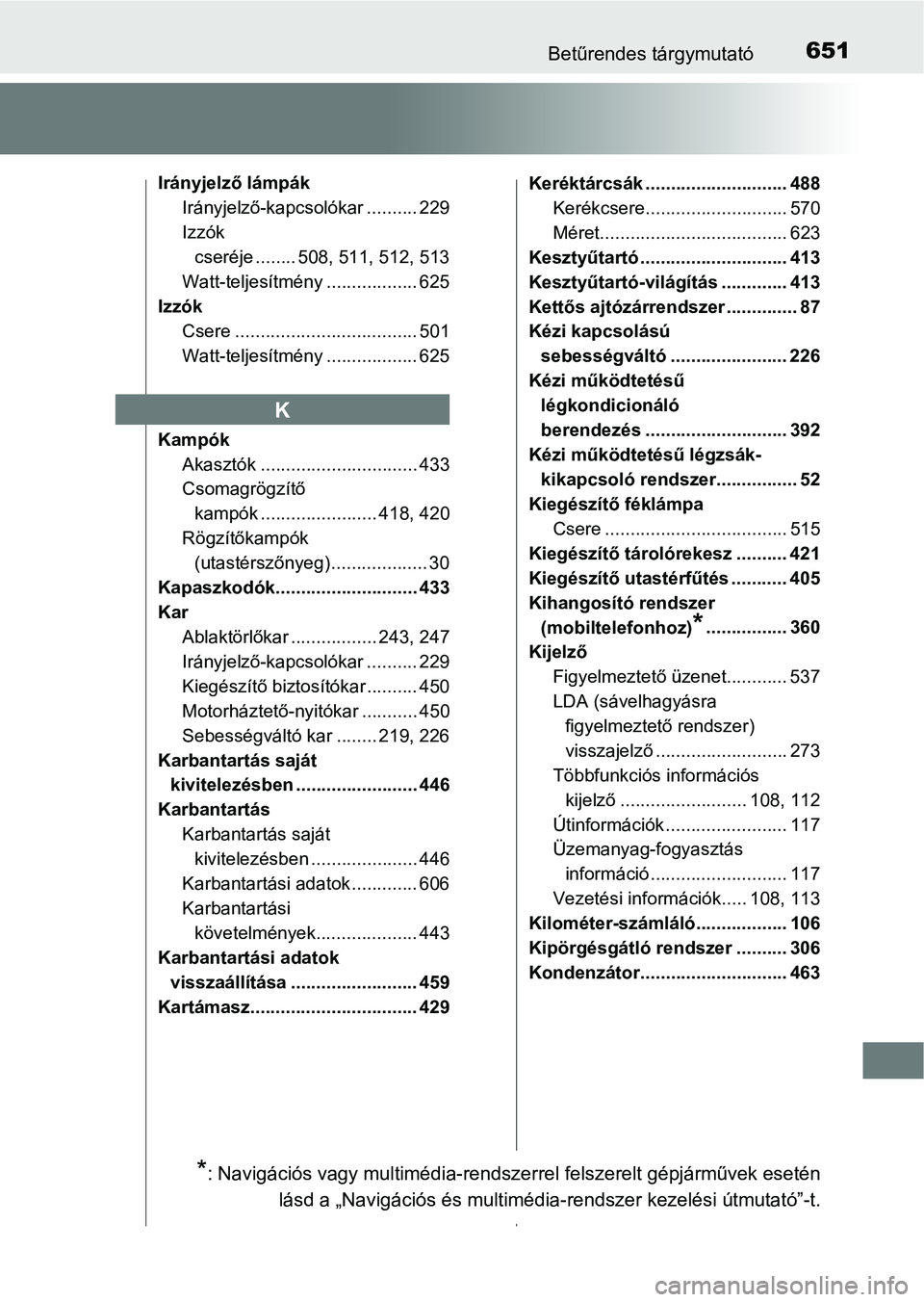 TOYOTA AVENSIS 2018 Kezelési útmutató (in Hungarian) 651Betűrendes tárgymutató
Irányjelző lámpákIrányjelző-kapcsolókar .......... 229
Izzók cseréje ........ 508, 511, 512, 513
Watt-teljesítmény .................. 625
Izzók Csere ......... TOYOTA AVENSIS 2018 Kezelési útmutató (in Hungarian) 651Betűrendes tárgymutató
Irányjelző lámpákIrányjelző-kapcsolókar .......... 229
Izzók cseréje ........ 508, 511, 512, 513
Watt-teljesítmény .................. 625
Izzók Csere .........