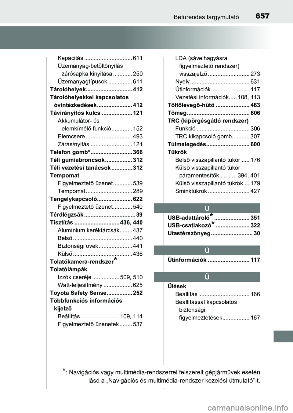 TOYOTA AVENSIS 2018 Kezelési útmutató (in Hungarian) 657Betűrendes tárgymutató
Kapacitás .............................. 611
Üzemanyag-betöltőnyílászárósapka kinyitása ............ 250
Üzemanyagtípusok ............... 611
Tárolóhelyek.... TOYOTA AVENSIS 2018 Kezelési útmutató (in Hungarian) 657Betűrendes tárgymutató
Kapacitás .............................. 611
Üzemanyag-betöltőnyílászárósapka kinyitása ............ 250
Üzemanyagtípusok ............... 611
Tárolóhelyek....