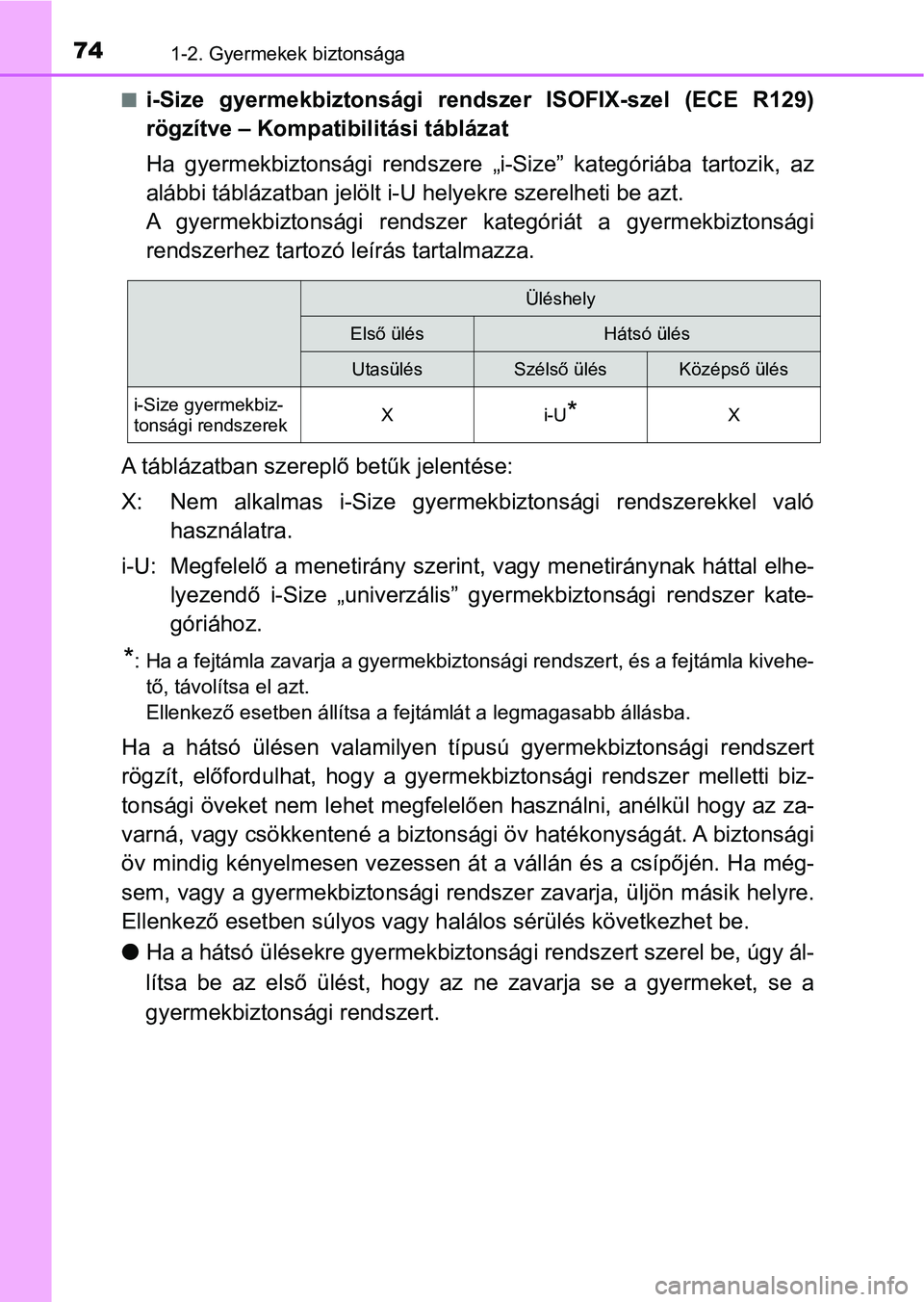 TOYOTA AVENSIS 2018  Kezelési útmutató (in Hungarian) 741-2. Gyermekek biztonsága
ni-Size  gyermekbiztonsági  rendszer  ISOFIX-szel  (ECE  R129)
rögzítve – Kompatibilitási táblázat
Ha  gyermekbiztonsági  rendszere  „i-Size”  kategóriába  