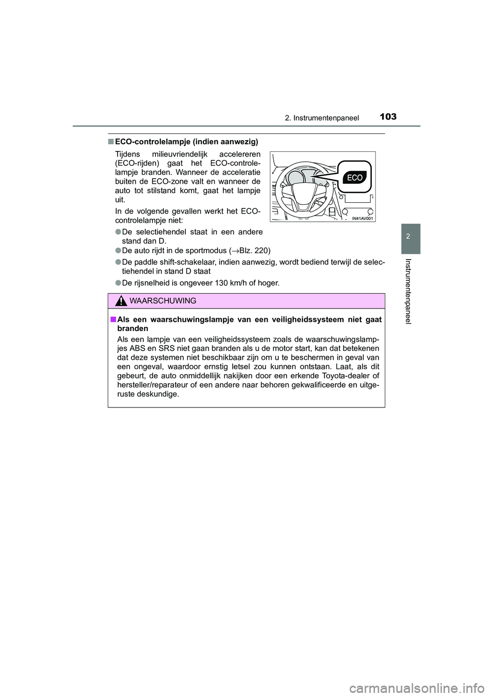 TOYOTA AVENSIS 2018  Instructieboekje (in Dutch) 1032. Instrumentenpaneel
2
Instrumentenpaneel
AVENSIS_OM_OM20C79E_(EE)
■ECO-controlelampje (indien aanwezig)
●De auto rijdt in de sportmodus (→Blz. 220)
●De paddle shift-schakelaar, indien aan