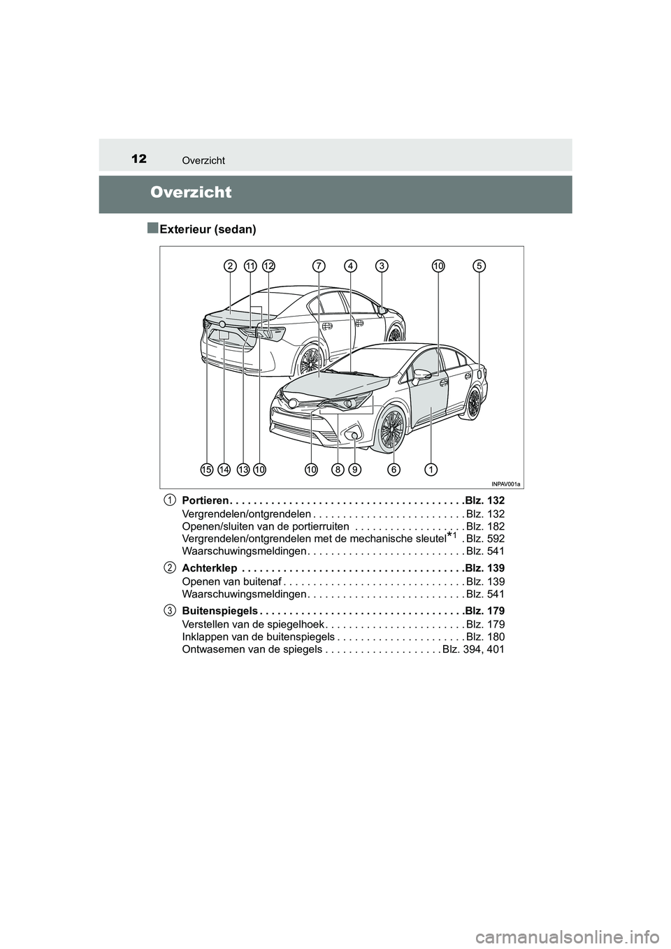 TOYOTA AVENSIS 2018  Instructieboekje (in Dutch) 12Overzicht
AVENSIS_OM_OM20C79E_(EE)
Overzicht
■
Exterieur (sedan)
Portieren . . . . . . . . . . . . . . . . . . . . . . . . . . . . . . . . . . . . . . . .Blz. 132
Vergrendelen/ontgrendelen . . . .