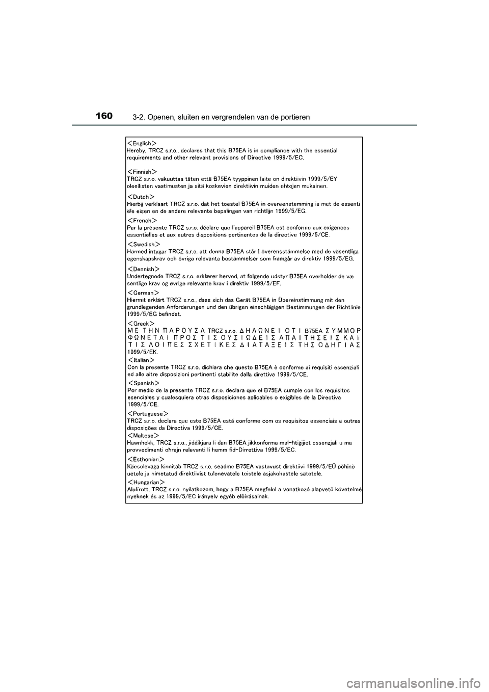 TOYOTA AVENSIS 2018  Instructieboekje (in Dutch) 1603-2. Openen, sluiten en vergrendelen van de portieren
AVENSIS_OM_OM20C79E_(EE)
AVENSIS_OM_OM20C79E_(EE).book  Page 160  Friday, September 15, 2017  11:12 AM 