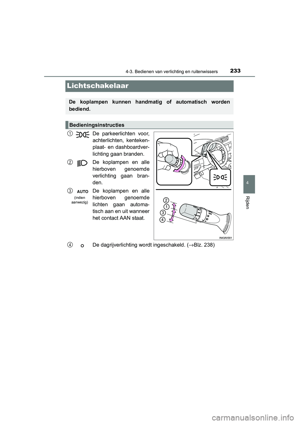 TOYOTA AVENSIS 2018 Instructieboekje (in Dutch) 233
4
4-3. Bedienen van verlichting en ruitenwissers
Rijden
AVENSIS_OM_OM20C79E_(EE)
Lichtschakelaar
De parkeerlichten voor,
achterlichten, kenteken-
plaat- en dashboardver-
lichting gaan branden TOYOTA AVENSIS 2018 Instructieboekje (in Dutch) 233
4
4-3. Bedienen van verlichting en ruitenwissers
Rijden
AVENSIS_OM_OM20C79E_(EE)
Lichtschakelaar
De parkeerlichten voor,
achterlichten, kenteken-
plaat- en dashboardver-
lichting gaan branden