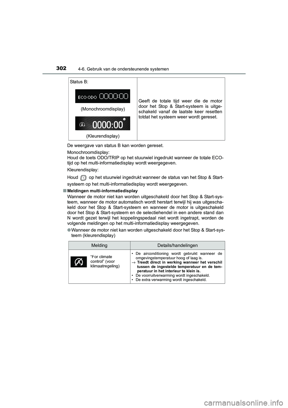 TOYOTA AVENSIS 2018  Instructieboekje (in Dutch) 3024-6. Gebruik van de ondersteunende systemen
AVENSIS_OM_OM20C79E_(EE)De weergave van status B kan worden gereset.
Monochroomdisplay: 
Houd de toets ODO/TRIP op het stuurwiel ingedrukt wanneer de tot