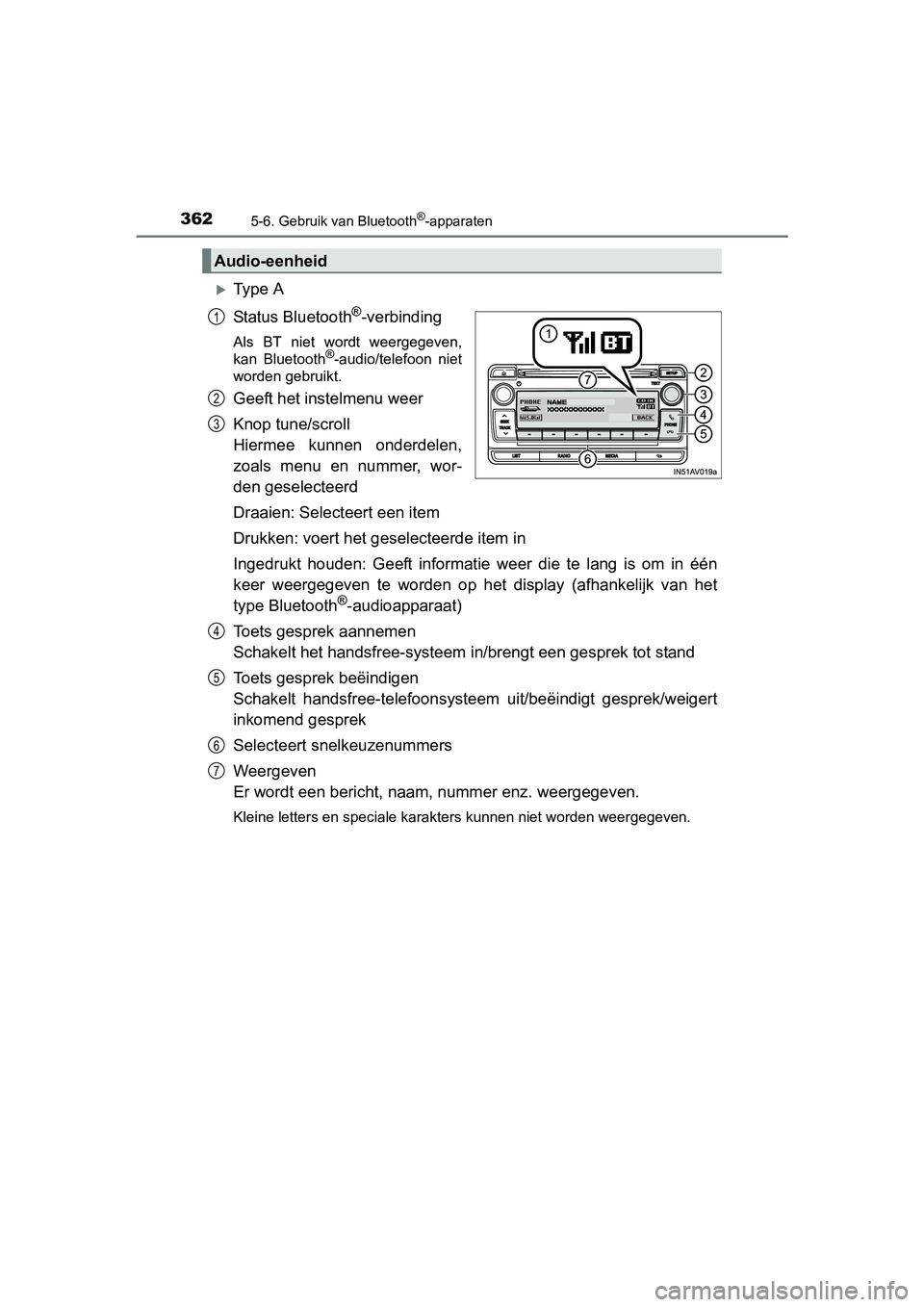TOYOTA AVENSIS 2018  Instructieboekje (in Dutch) 3625-6. Gebruik van Bluetooth®-apparaten
AVENSIS_OM_OM20C79E_(EE)
Ty p e   A
Status Bluetooth
®-verbinding
Als  BT  niet  wordt  weergegeven,
kan  Bluetooth®-audio/telefoon  niet
worden gebruikt