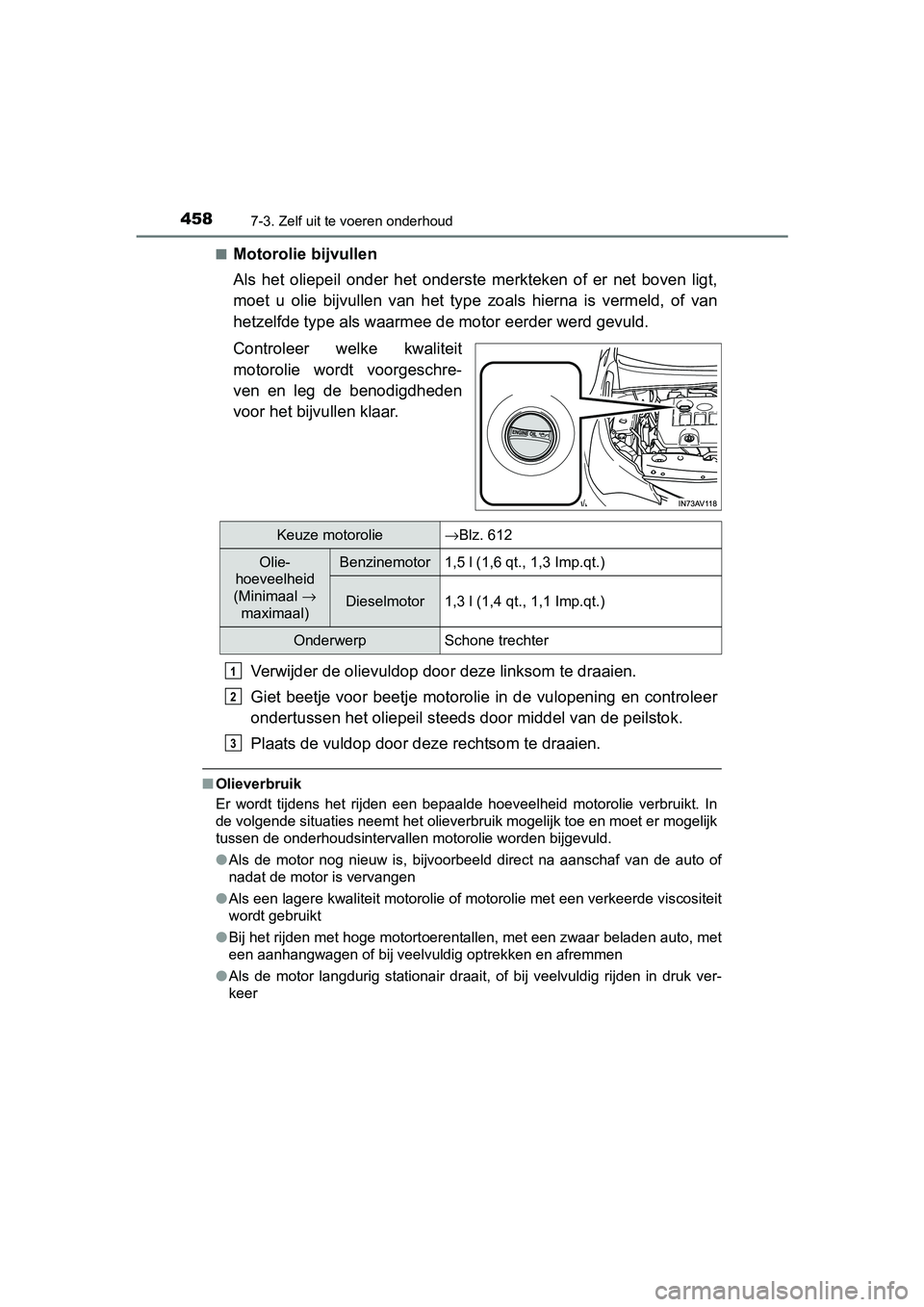 TOYOTA AVENSIS 2018 Instructieboekje (in Dutch) 4587-3. Zelf uit te voeren onderhoud
AVENSIS_OM_OM20C79E_(EE)■
Motorolie bijvullen
Als het oliepeil onder het onderste merkteken of er net boven ligt,
moet u olie bijvullen van het TOYOTA AVENSIS 2018 Instructieboekje (in Dutch) 4587-3. Zelf uit te voeren onderhoud
AVENSIS_OM_OM20C79E_(EE)■
Motorolie bijvullen
Als het oliepeil onder het onderste merkteken of er net boven ligt,
moet u olie bijvullen van het