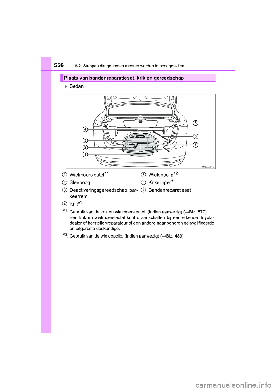 TOYOTA AVENSIS 2018 Instructieboekje (in Dutch) 5568-2. Stappen die genomen moeten worden in noodgevallen
AVENSIS_OM_OM20C79E_(EE)
Sedan
*1: Gebruik van de krik en wielmoersleutel. (indien aanwezig) (→Blz. 577)
Een krik en wielmoersleutel TOYOTA AVENSIS 2018 Instructieboekje (in Dutch) 5568-2. Stappen die genomen moeten worden in noodgevallen
AVENSIS_OM_OM20C79E_(EE)
Sedan
*1: Gebruik van de krik en wielmoersleutel. (indien aanwezig) (→Blz. 577)
Een krik en wielmoersleutel