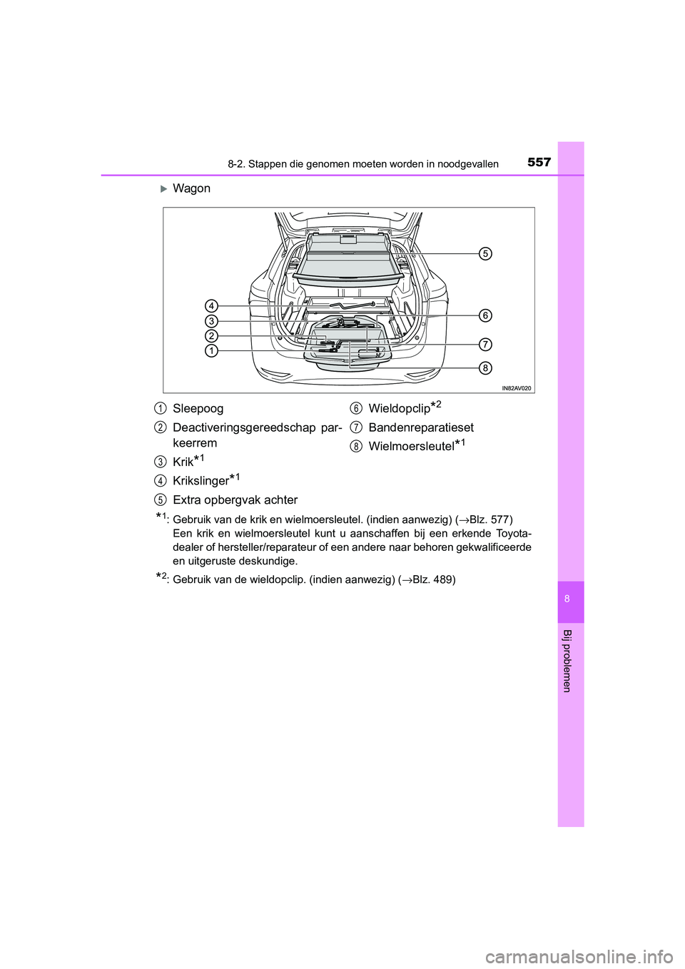 TOYOTA AVENSIS 2018 Instructieboekje (in Dutch) 5578-2. Stappen die genomen moeten worden in noodgevallen
AVENSIS_OM_OM20C79E_(EE)
8
Bij problemen
Wagon
*1: Gebruik van de krik en wielmoersleutel. (indien aanwezig) (→Blz. 577)
Een krik en w TOYOTA AVENSIS 2018 Instructieboekje (in Dutch) 5578-2. Stappen die genomen moeten worden in noodgevallen
AVENSIS_OM_OM20C79E_(EE)
8
Bij problemen
Wagon
*1: Gebruik van de krik en wielmoersleutel. (indien aanwezig) (→Blz. 577)
Een krik en w