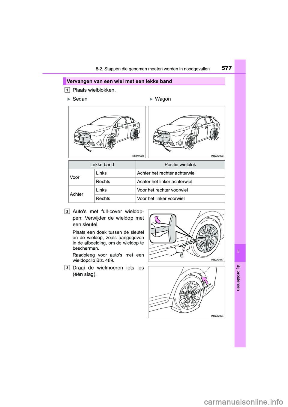 TOYOTA AVENSIS 2018 Instructieboekje (in Dutch) 5778-2. Stappen die genomen moeten worden in noodgevallen
AVENSIS_OM_OM20C79E_(EE)
8
Bij problemen
Plaats wielblokken.
Auto's met full-cover wieldop-
pen: Verwijder de wieldop met
een sleut TOYOTA AVENSIS 2018 Instructieboekje (in Dutch) 5778-2. Stappen die genomen moeten worden in noodgevallen
AVENSIS_OM_OM20C79E_(EE)
8
Bij problemen
Plaats wielblokken.
Auto's met full-cover wieldop-
pen: Verwijder de wieldop met
een sleut