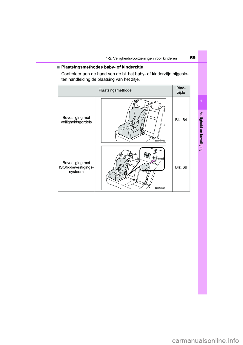 TOYOTA AVENSIS 2018  Instructieboekje (in Dutch) 591-2. Veiligheidsvoorzieningen voor kinderen
1
AVENSIS_OM_OM20C79E_(EE)
Veiligheid en beveiliging
■Plaatsingsmethodes baby- of kinderzitje
Controleer aan de hand van de bij het baby- of kinderzitje