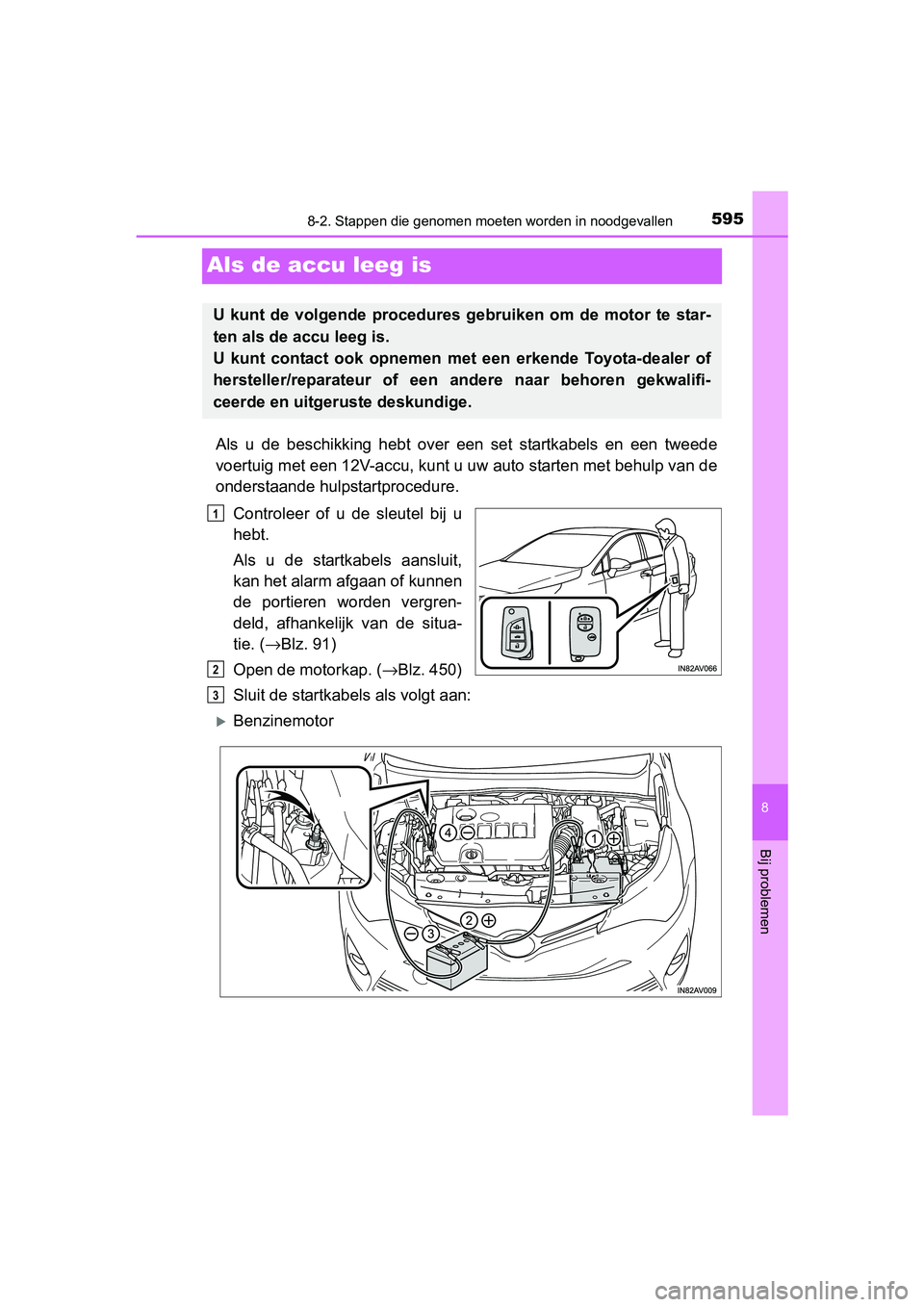 TOYOTA AVENSIS 2018  Instructieboekje (in Dutch) 5958-2. Stappen die genomen moeten worden in noodgevallen
AVENSIS_OM_OM20C79E_(EE)
8
Bij problemen
Als de accu leeg is
Als  u  de  beschikking  hebt  over  een  set  startkabels  en  een  tweede
voert