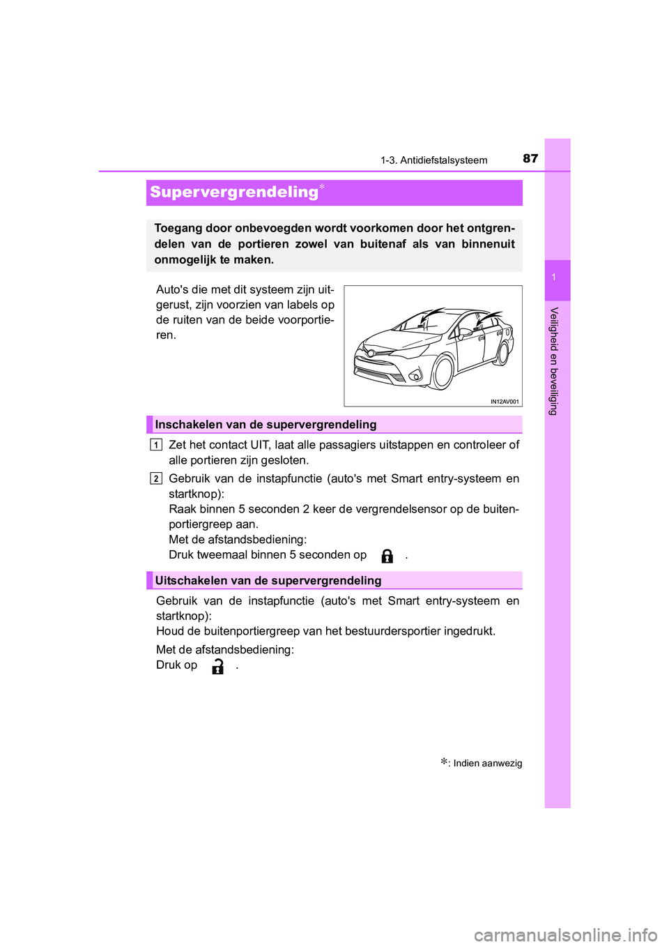 TOYOTA AVENSIS 2018  Instructieboekje (in Dutch) 87
1
1-3. Antidiefstalsysteem
AVENSIS_OM_OM20C79E_(EE)
Veiligheid en beveiliging
Super vergrendeling∗
Auto's die met dit systeem zijn uit-
gerust, zijn voorzien van labels op
de ruiten van de be
