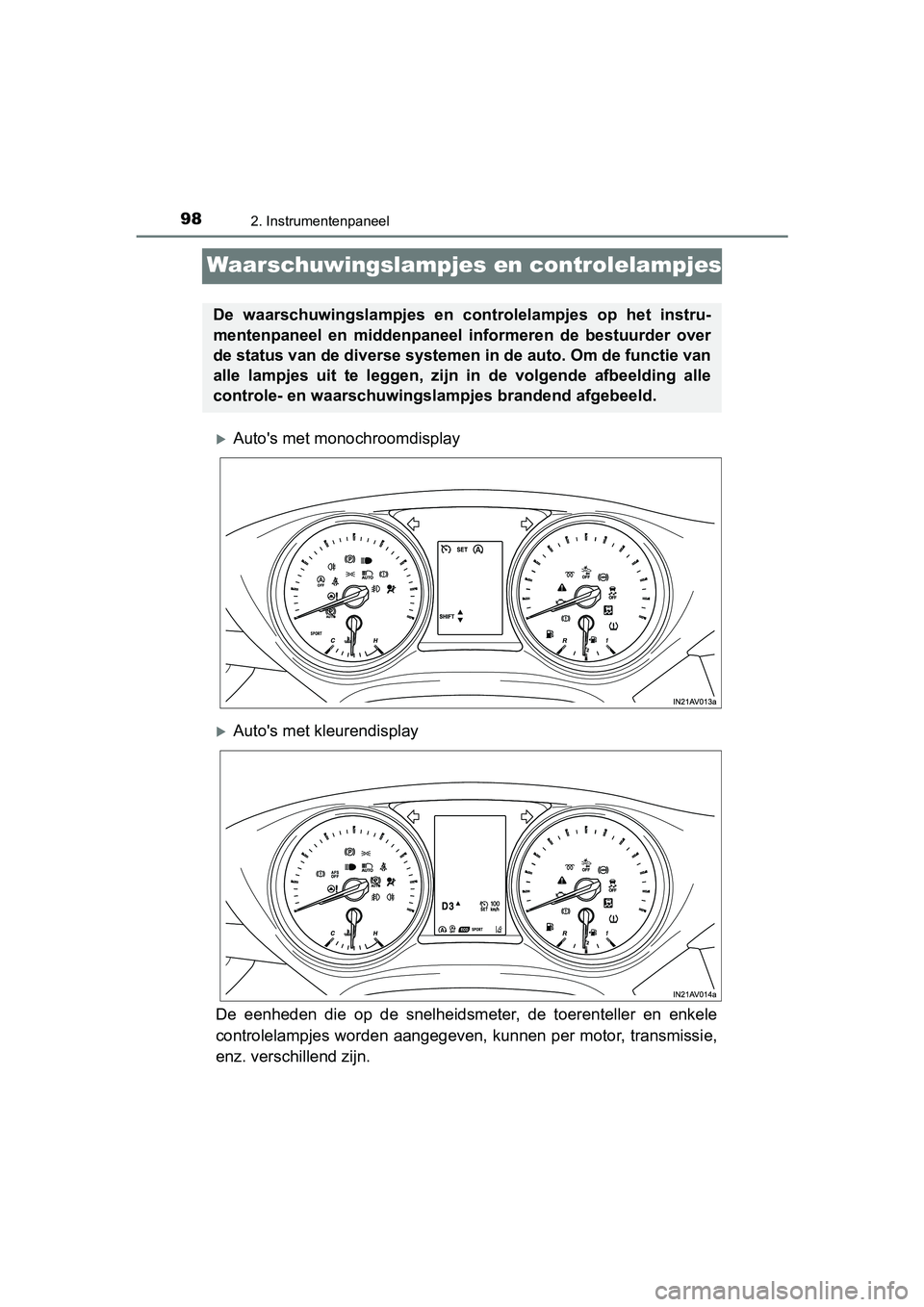 TOYOTA AVENSIS 2018  Instructieboekje (in Dutch) 982. Instrumentenpaneel
AVENSIS_OM_OM20C79E_(EE)
Waarschuwingslampjes en controlelampjes
Auto's met monochroomdisplay
Auto's met kleurendisplay
De  eenheden  die  op  de  snelheidsmeter,