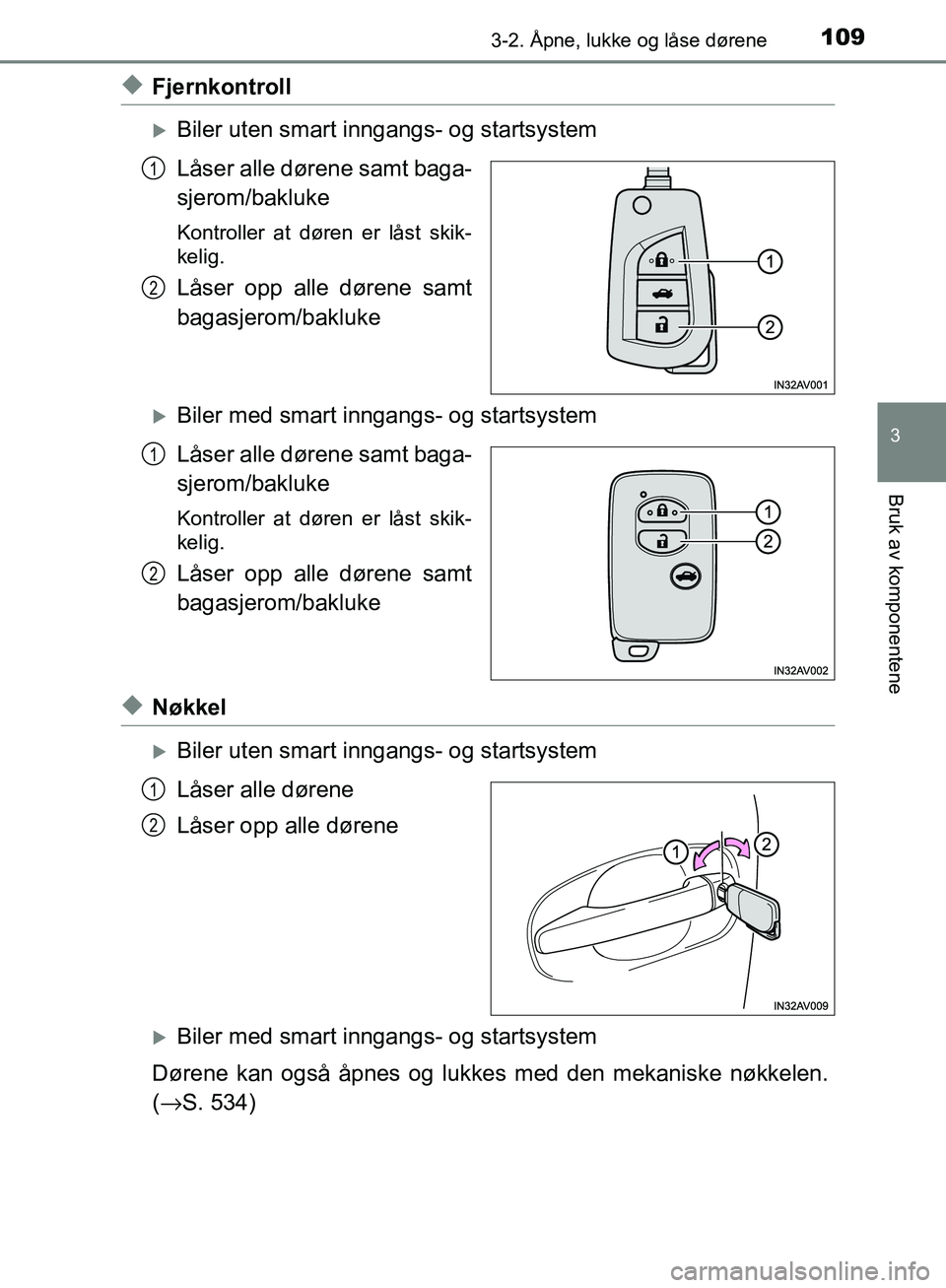 TOYOTA AVENSIS 2018 Instruksjoner for bruk (in Norwegian) 1093-2. Åpne, lukke og låse dørene
3
Bruk av komponentene
AVENSIS_OM20C79NO
uFjernkontroll
Biler uten smart inngangs- og startsystem
Låser alle dørene samt baga-
sjerom/bakluke
Kontroller at d TOYOTA AVENSIS 2018 Instruksjoner for bruk (in Norwegian) 1093-2. Åpne, lukke og låse dørene
3
Bruk av komponentene
AVENSIS_OM20C79NO
uFjernkontroll
Biler uten smart inngangs- og startsystem
Låser alle dørene samt baga-
sjerom/bakluke
Kontroller at d