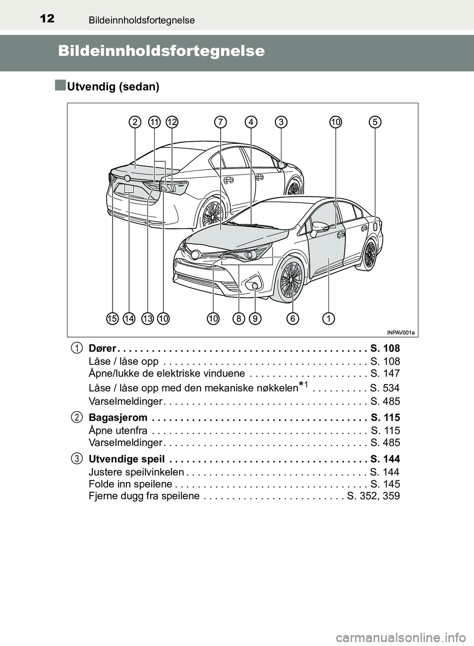 TOYOTA AVENSIS 2018 Instruksjoner for bruk (in Norwegian) 12Bildeinnholdsfortegnelse
AVENSIS_OM20C79NO
Bildeinnholdsfortegnelse
n
Utvendig (sedan)
Dører . . . . . . . . . . . . . . . . . . . . . . . . . . . . . . . . . . . . . . . . . . . . S. 108
Låse / l TOYOTA AVENSIS 2018 Instruksjoner for bruk (in Norwegian) 12Bildeinnholdsfortegnelse
AVENSIS_OM20C79NO
Bildeinnholdsfortegnelse
n
Utvendig (sedan)
Dører . . . . . . . . . . . . . . . . . . . . . . . . . . . . . . . . . . . . . . . . . . . . S. 108
Låse / l